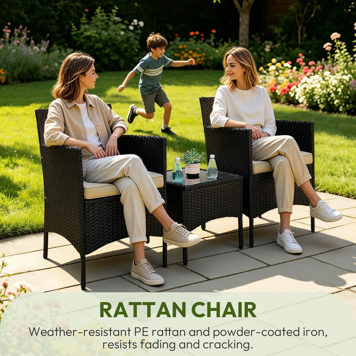 Yaheetech 3 Pieces Patio Conversation Set, Outdoor Rattan Bistro Furniture, 2 Chairs with Cushions & 1 Side Table for Bistro/Porch/Garden/Deck/Courtyard, Black/Khaki