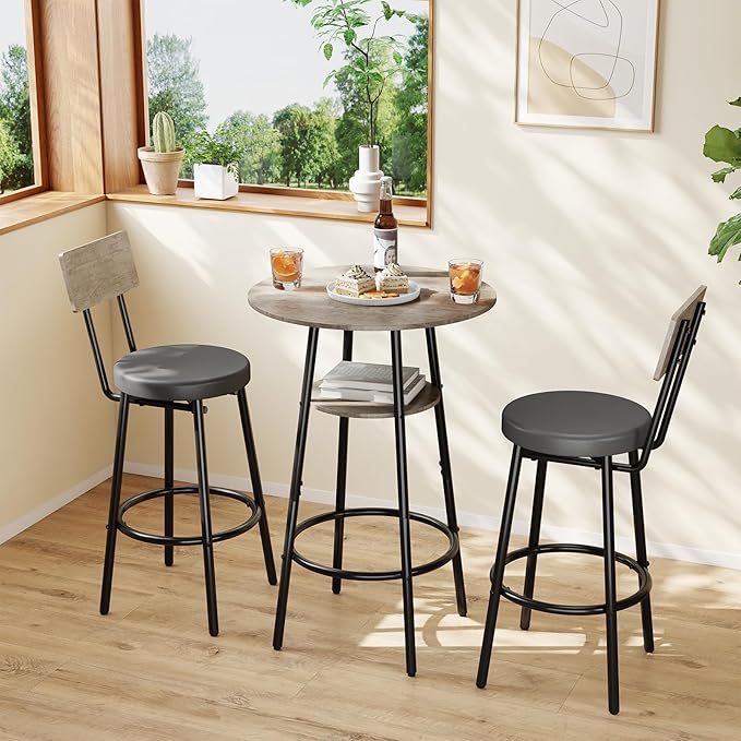 Round Bar Table & 2 Stools Set with Storage