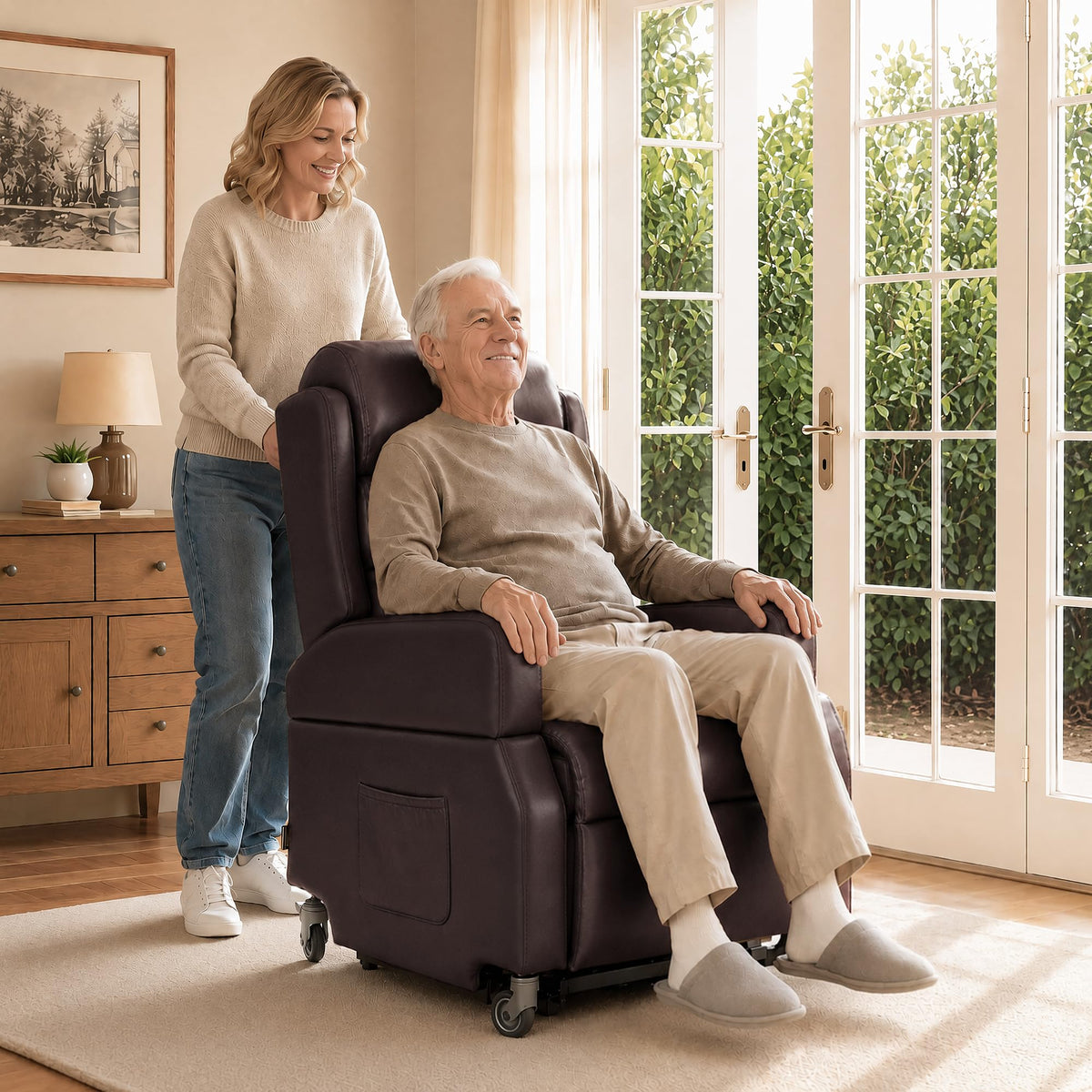 MCombo Power Lift Recliner Chair with Wheels for Elderly 7118 (Dark Brown)