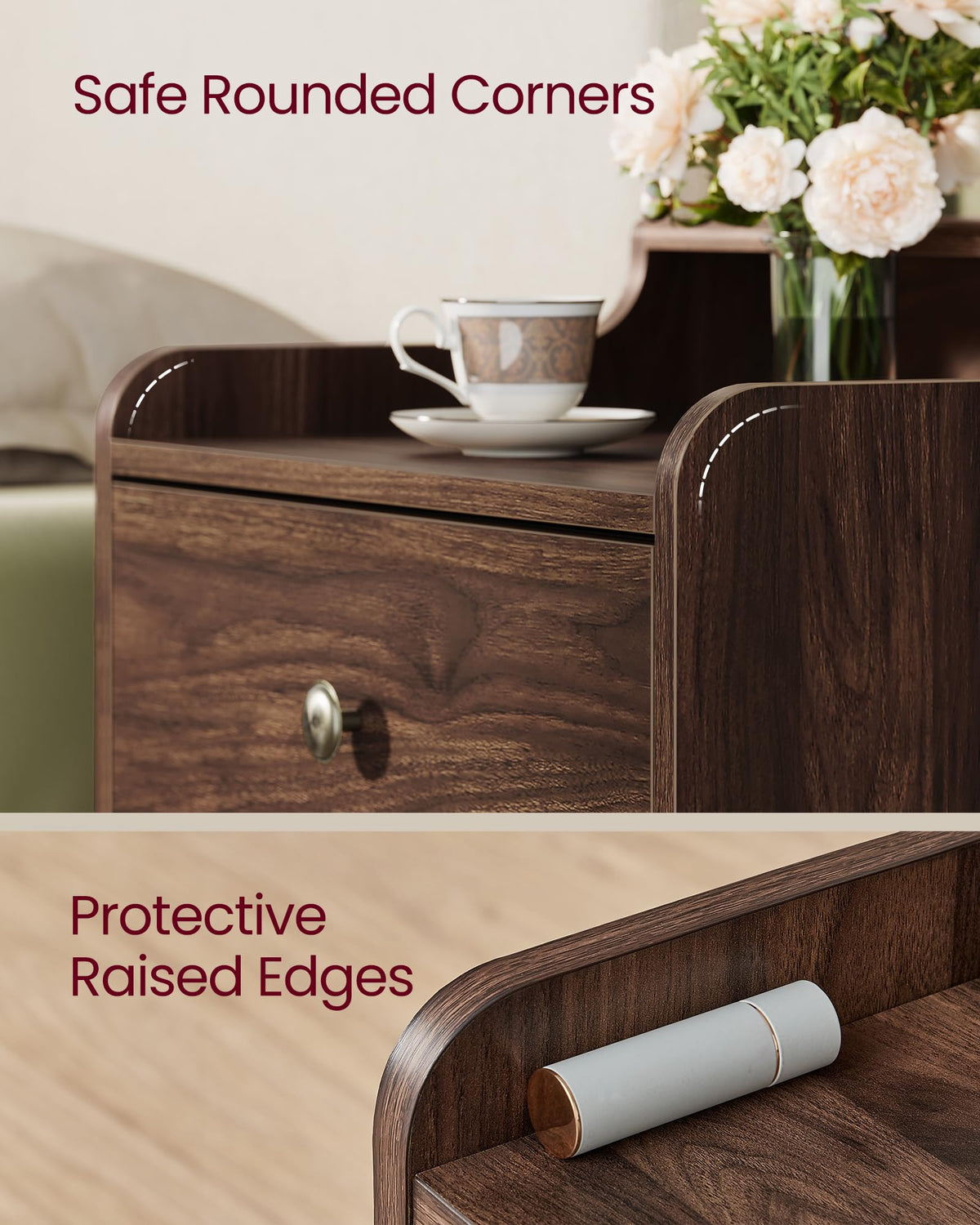 VASAGLE Nightstands, Set of 2, with Hidden Drawers, Solid Wood Legs