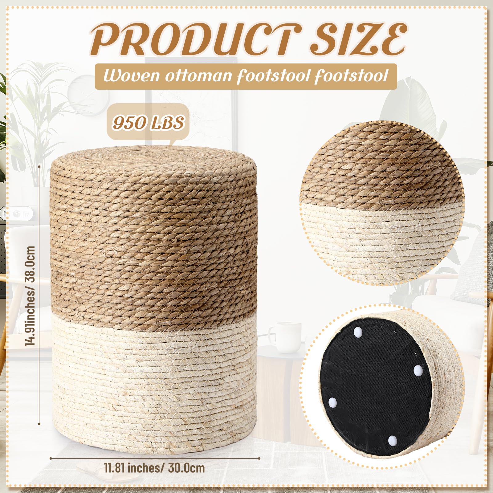Round Seagrass Pouf Ottoman Set of 2 – Boho Footrest Stool