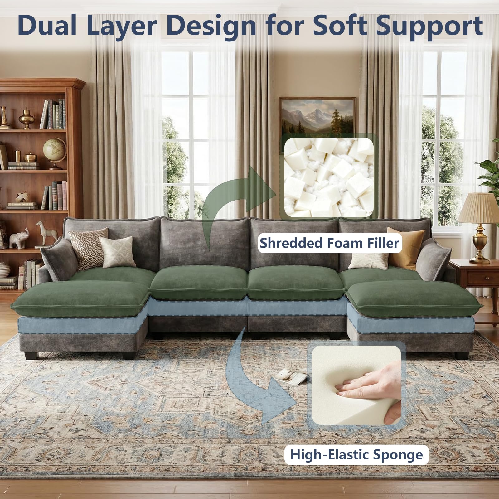 OhaiAura U Shaped Modular Sectional Sofa, Cloud Couch with Movable Ottoman, Comfy Chenille Sofa with Pillows for Living Room, Bedroom, Apartment, Dark Gray