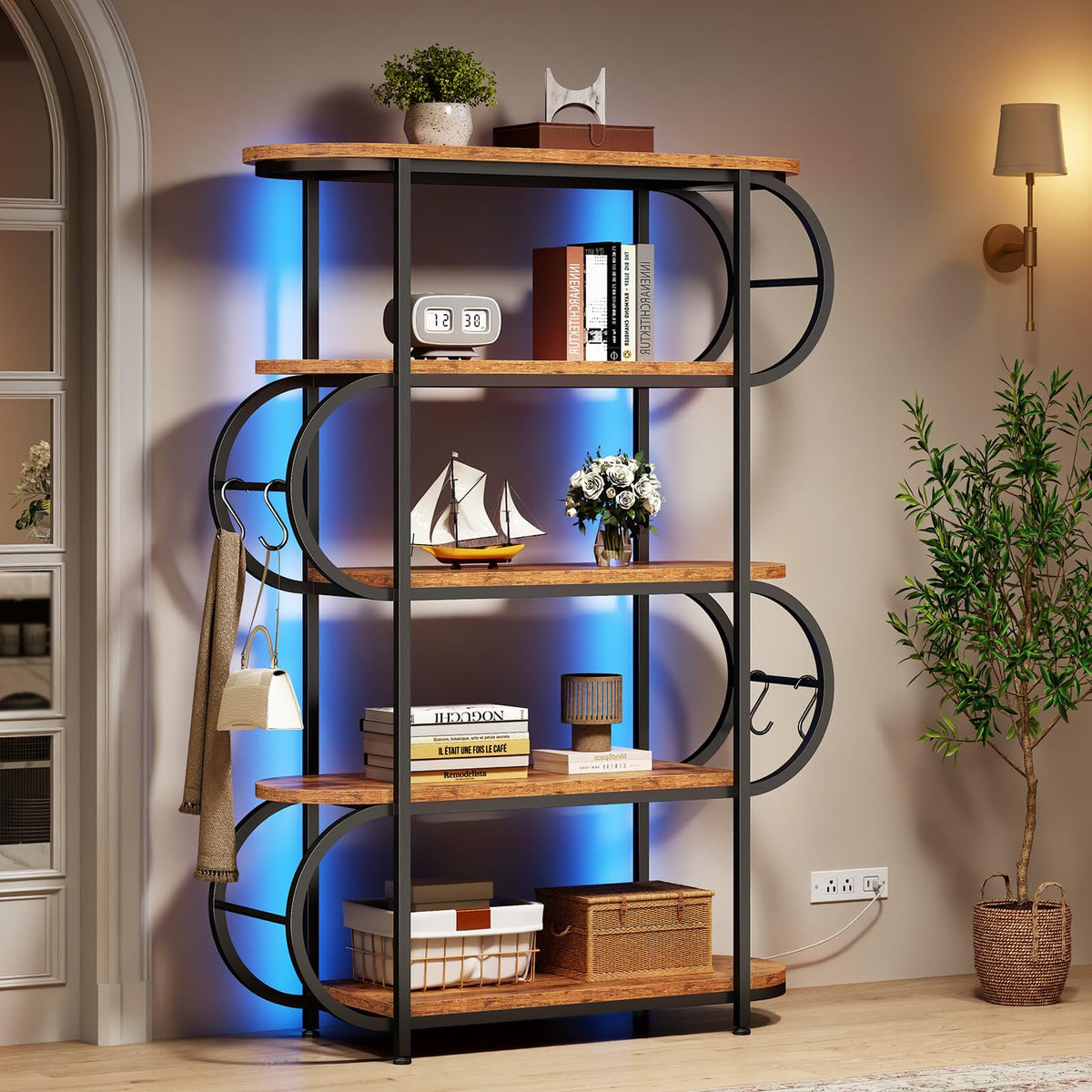5-Tier LED Bookshelf with Hooks