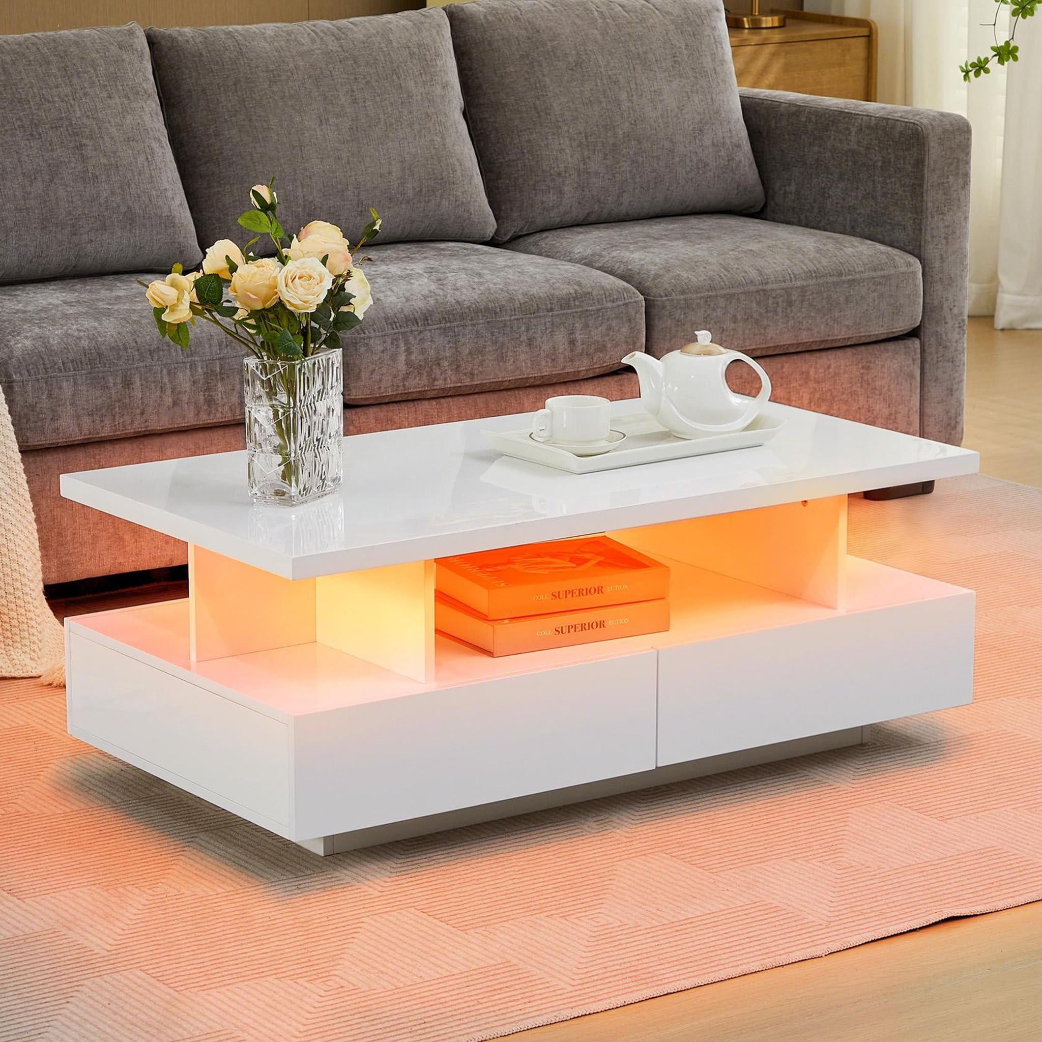 Tltaroni LED Coffee Table, Modern High Glossy Living Room Table with 4 Drawers and Open Display Shelf Wood Rectangle Center Tables with Storage for Living Room, White