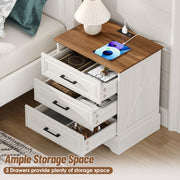 Akxomel Farmhouse Nightstand with Charging Station, 22" Wide Bedside Table with 3 Large Drawers & Bar Handles, Side End Table with Stable Support Base, for Bedroom, Off White
