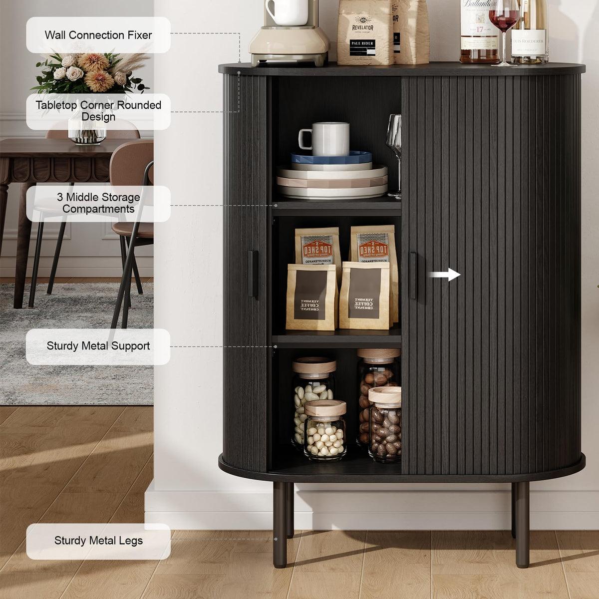 ONBRILL 44" Tall Sideboard Storage Buffet Cabinet with Sliding Door, Black