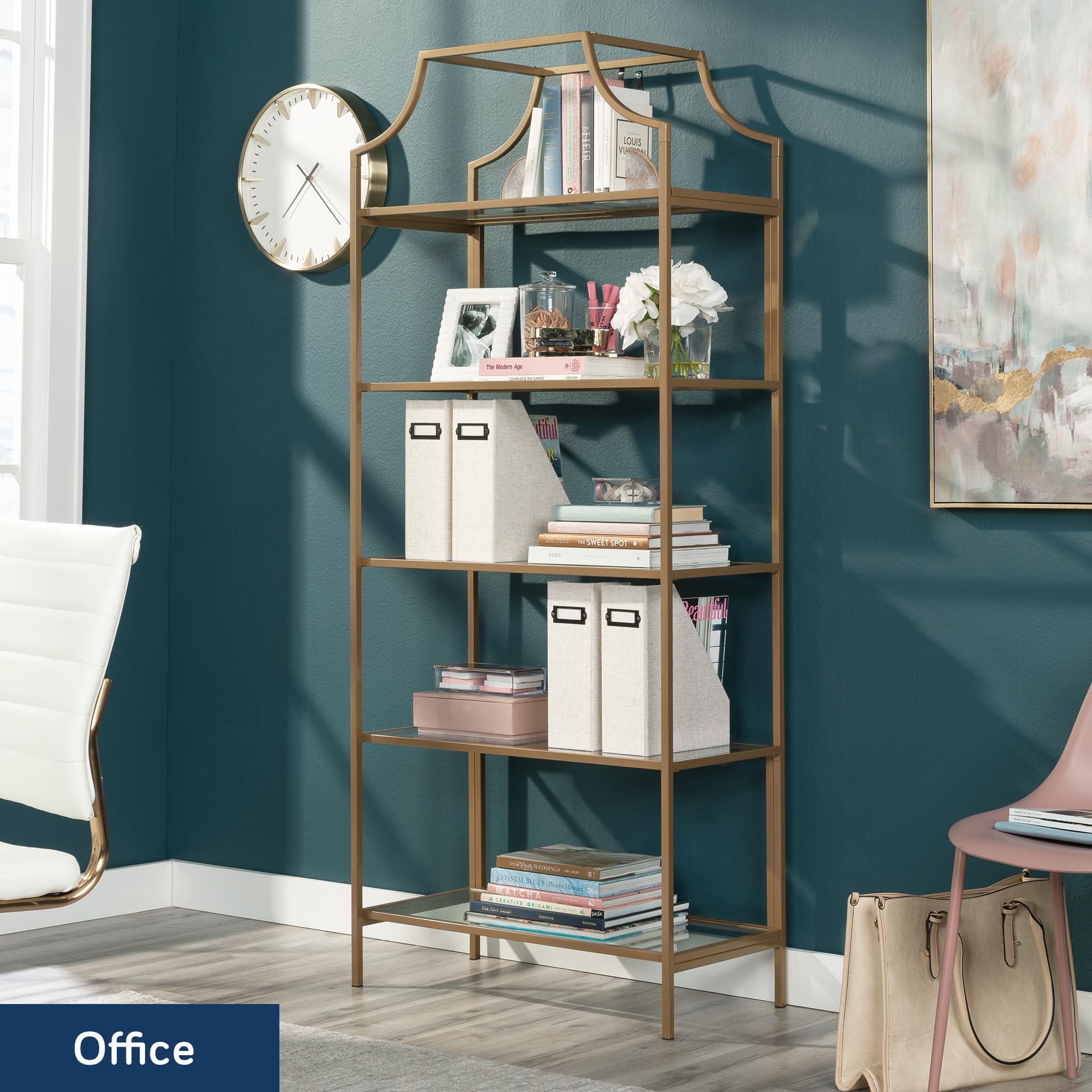 5-Shelf Glass Bookcase – Gold Satin Metal Frame