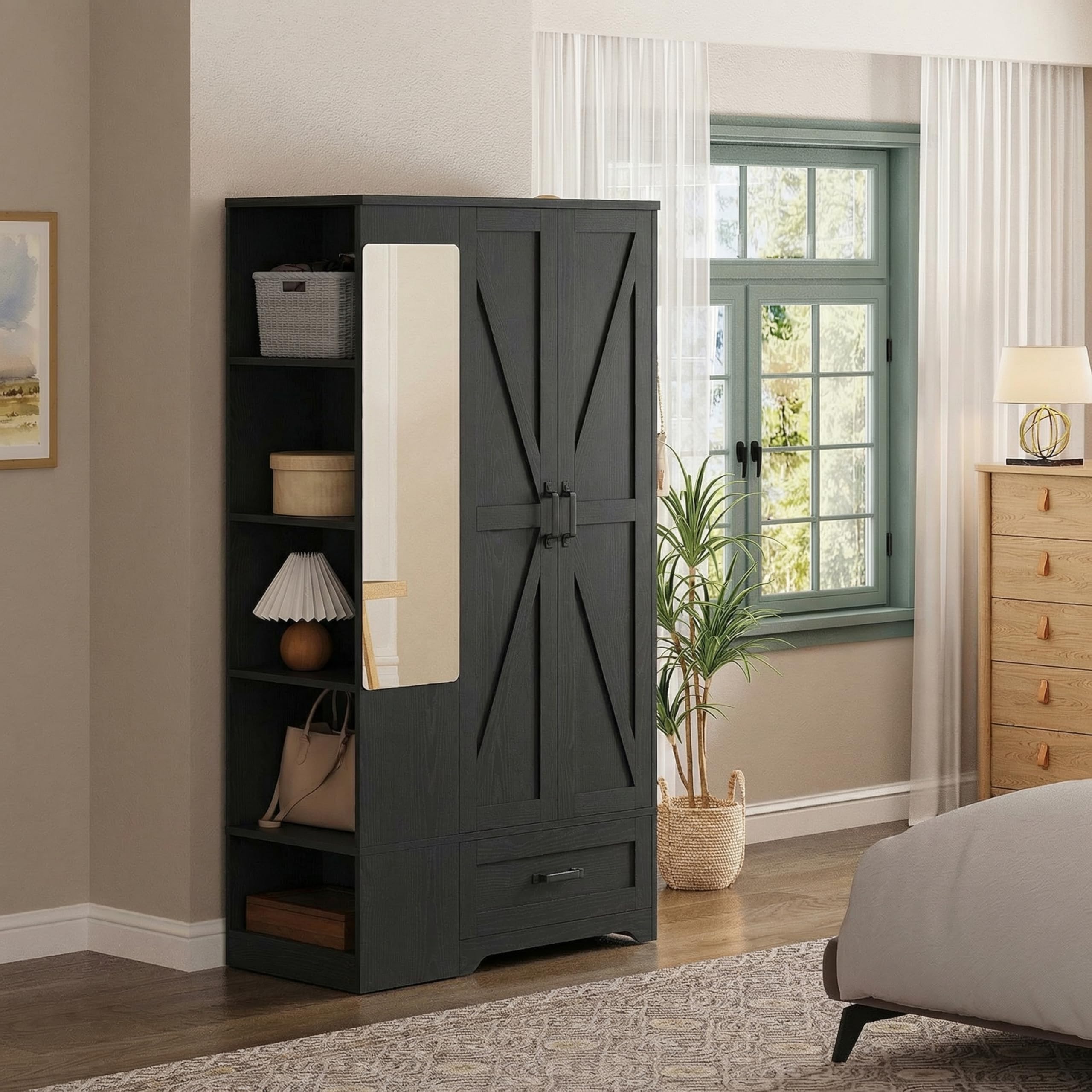 Barn Door Wardrobe Closet with Mirror, Shelves & Drawer