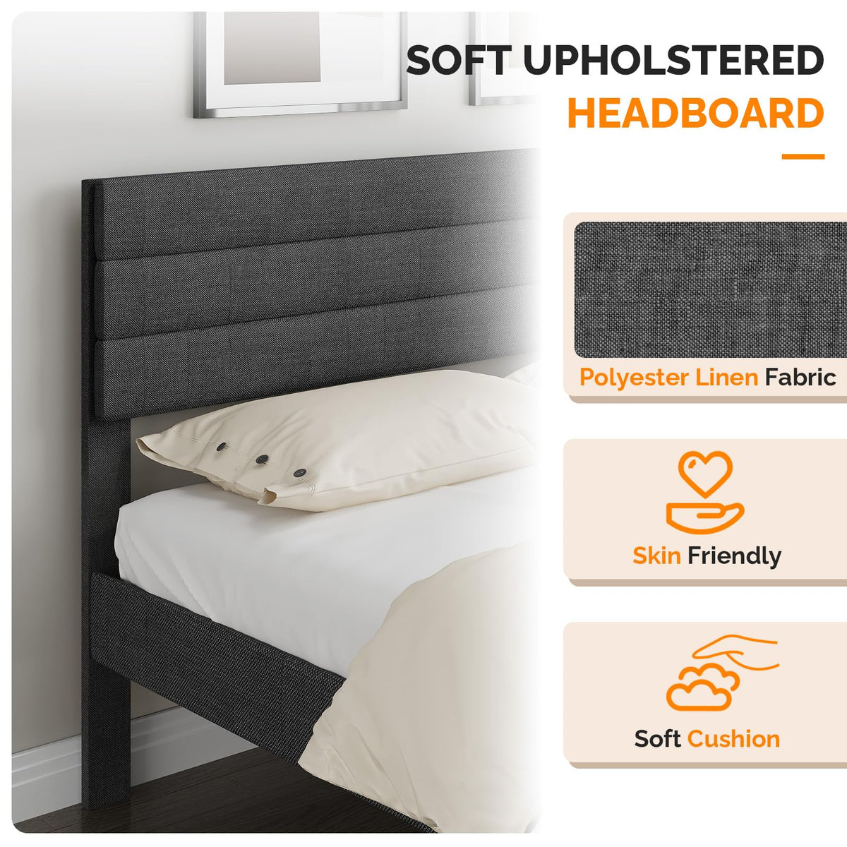 VINGLI Full Bed Frame with Headboard,Upholstered Platform Bed with Adjustable Headboard,Heavy Duty Slats Support,Mid Century Modern,Noise Free, No Box Spring Needed, Dark Gray