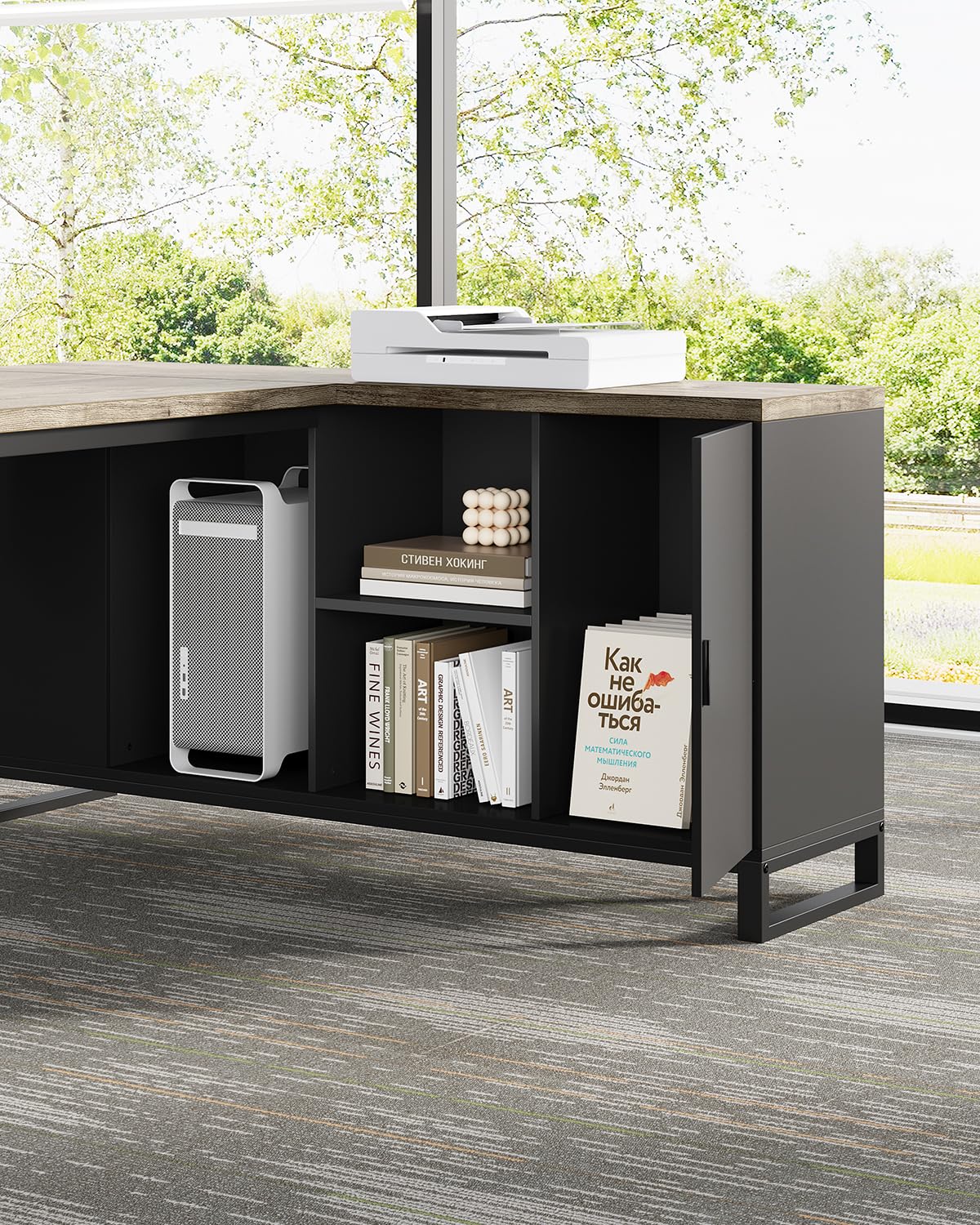 L-Shaped Executive Desk with File Cabinet, 70.8" – Grey & Black