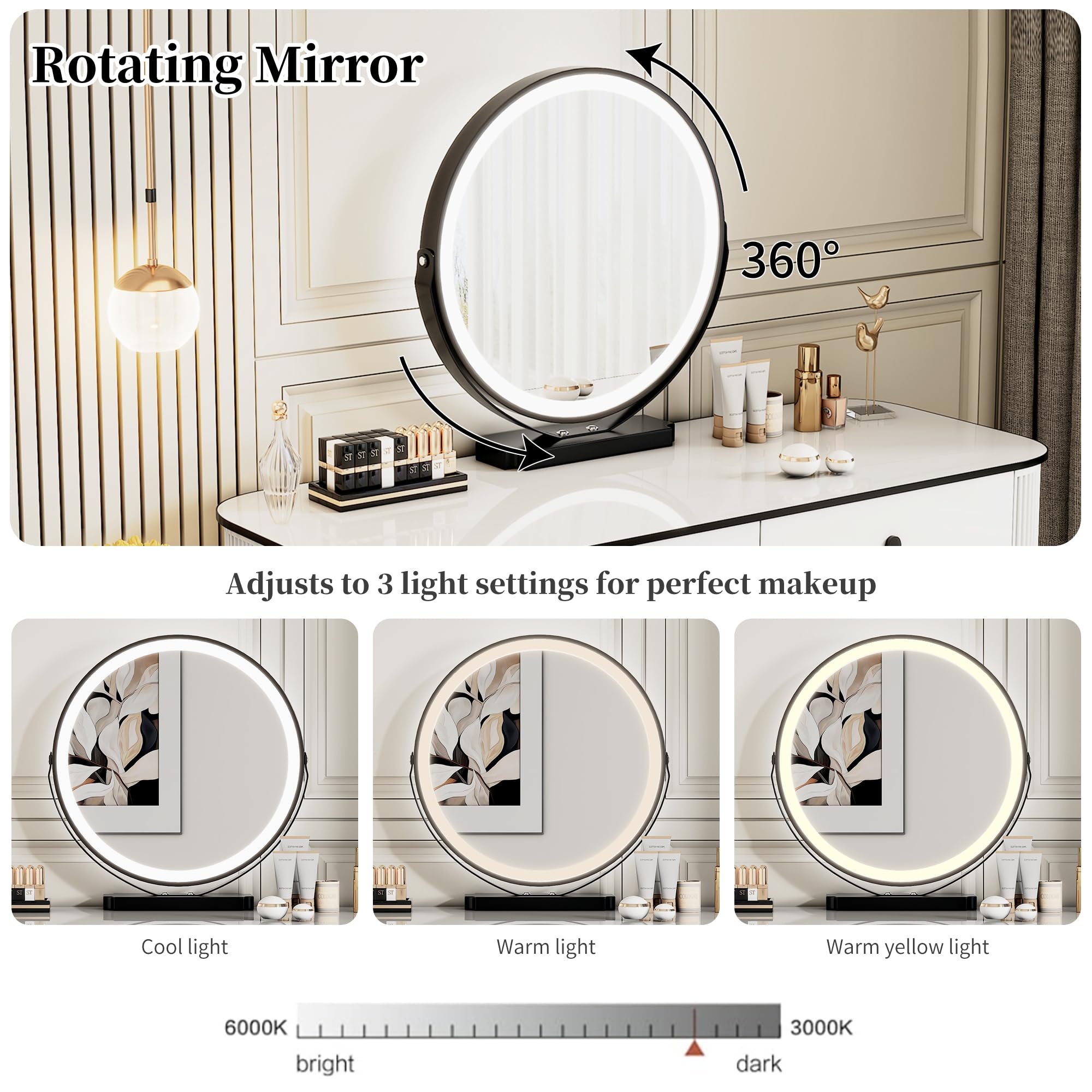 KDCAS Small Makeup Vanity Desk with Mirror and LED Lights | Modern Fluted Vanity Table with Drawers and Reversible Adjustable Side Cabinet (39.37"–51.2") | Space-Saving White Vanity Desk for Bedroom