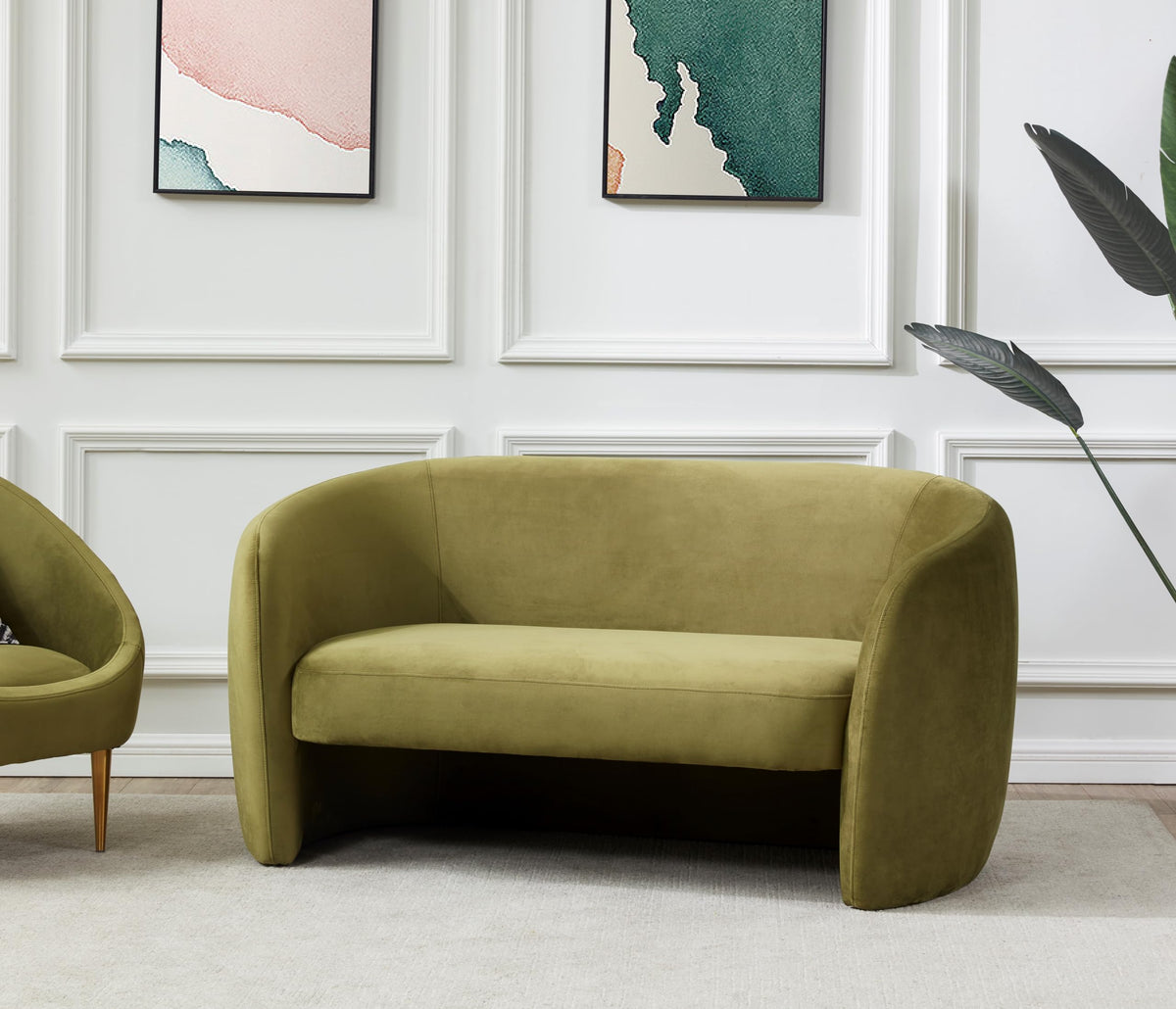 Olive Green Velvet Curved Loveseat
