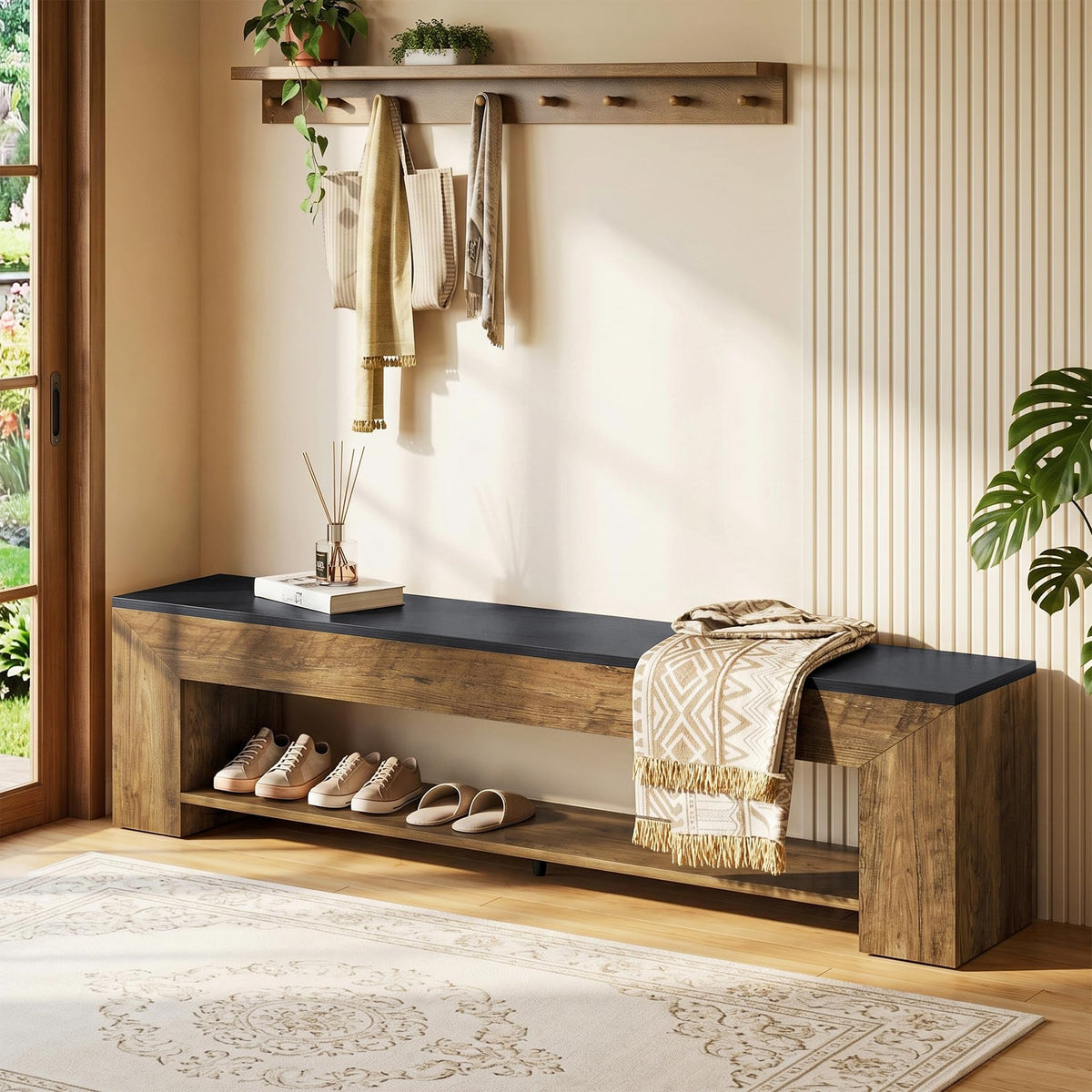 Tribesigns 71-Inch Extra Long Entryway Bench with Shoe Storage, Farmhouse Shoe Bench with 2 Shelves, Wooden Indoor Seating for Hallway, End of Bed, Living Room, Mudroom, Rustic Brown & Black