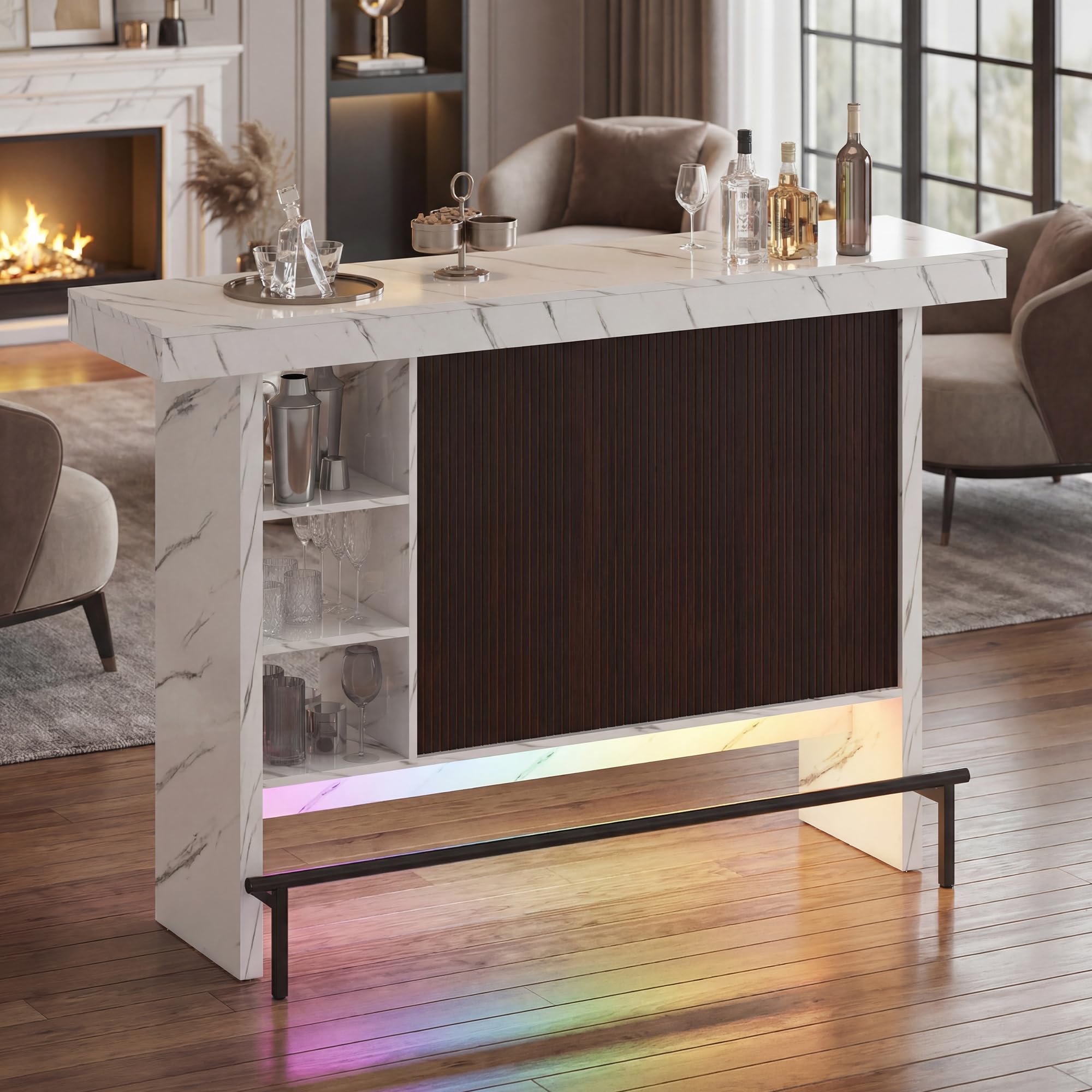 Marble-Style Bar Table with RGB LED Lighting & Storage