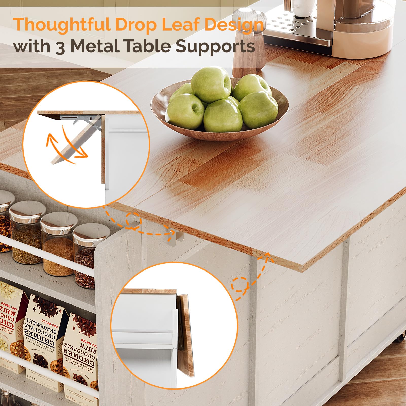 VINGLI Kitchen Island with Storage, 52" Rolling Kitchen Cart with 3 Drawers & Shelves, Drop Leaf Design, Mobile Island with Barn Sliding Doors, Towel & Spice Rack for Kitchen & Dining, White