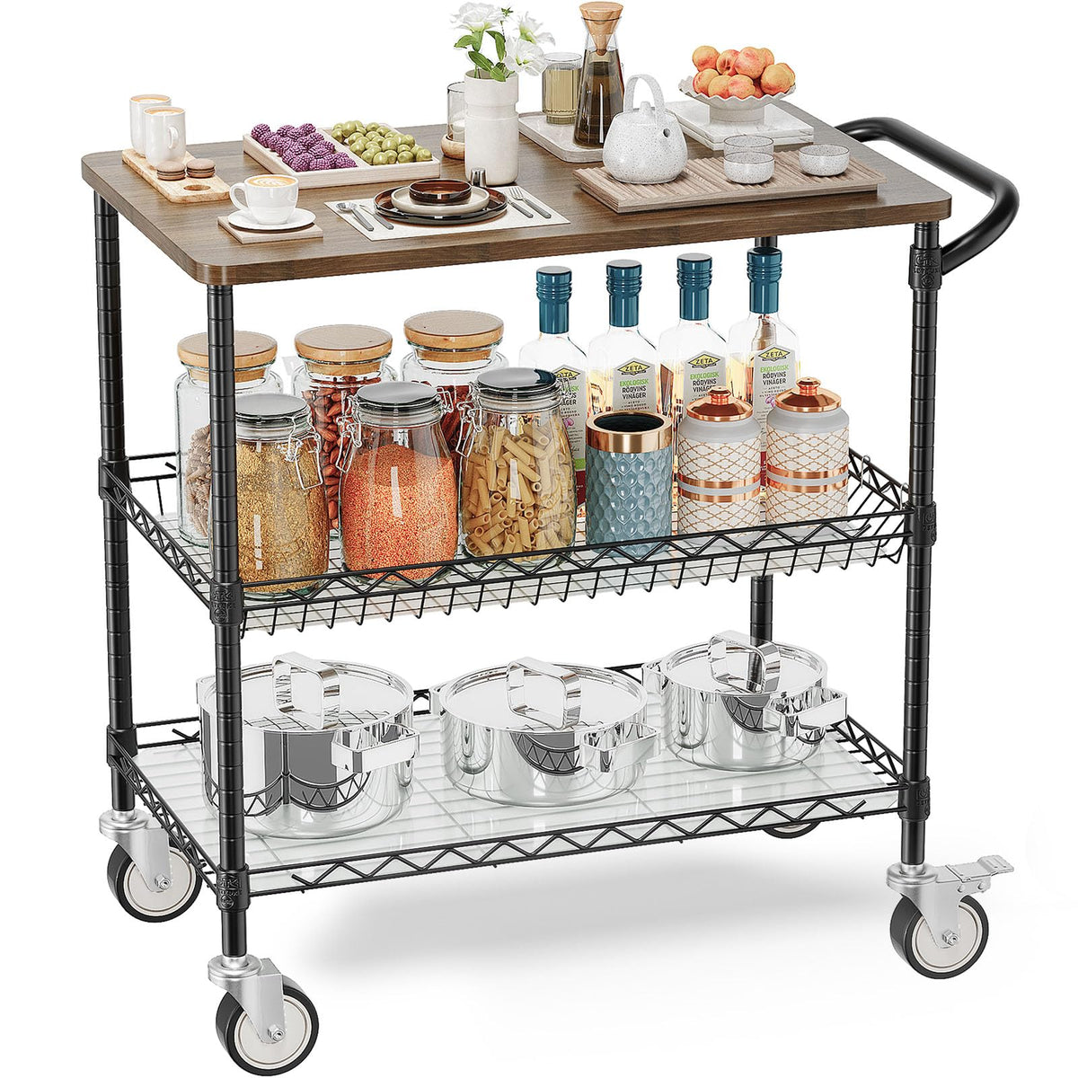 Rolling Kitchen Carts with Wheels, 3-Tier Utility Cart with Wood Tabletop