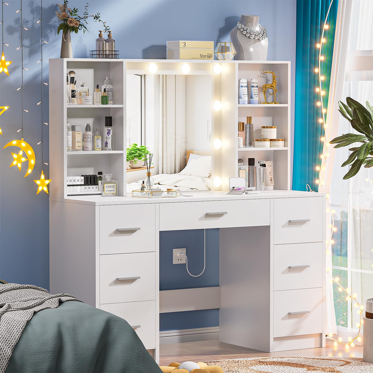 DDONGMM Vanity Desk with Lighted Mirror & Power Outlet, Makeup Vanity with 7 Drawers and 6 Storage Shelves, Bedroom Dressing Table with 3 Lighting Modes & Brightness Adjustable for Girls, Women, White