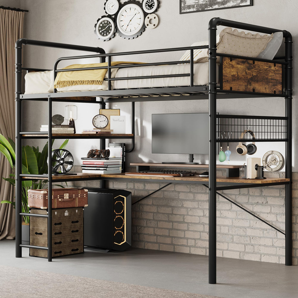GarveeHome Loft Bunk Bed with L-Shaped Desk, Industrial Twin Loft Bed,Brown
