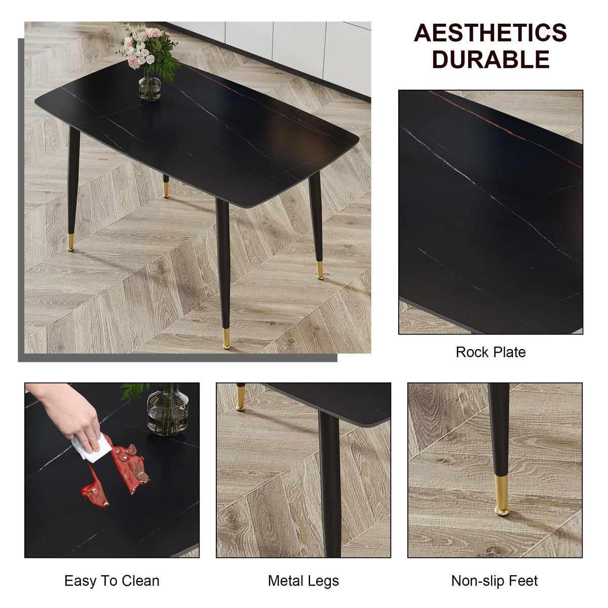 WEKEOT 50" Rectangular Sintered Stone Dining Table for 4 Minimalist Kitchen Table with Black Metal Legs Dinner Table for Kitchen Dinette Breakfast Nook (1 Table, Black)