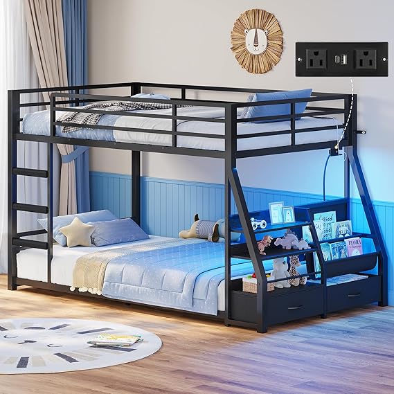 Twin over Twin Low Bunk Bed with Storage, RGB Lights & Power Outlet