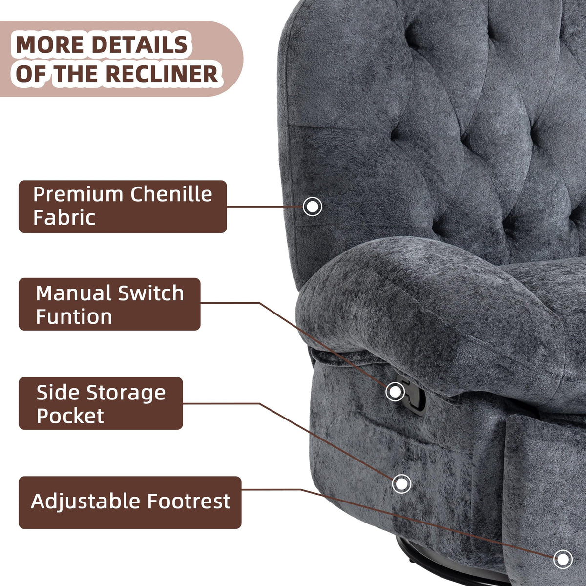 AISALL Recliner Chair for Adults, 360° Swivel Manual Recliner with Side Pocket, Nursery Rocking Chair with Comfortable Chenille Arms and Back for Living Room, Bedroom, Reading (Grey)