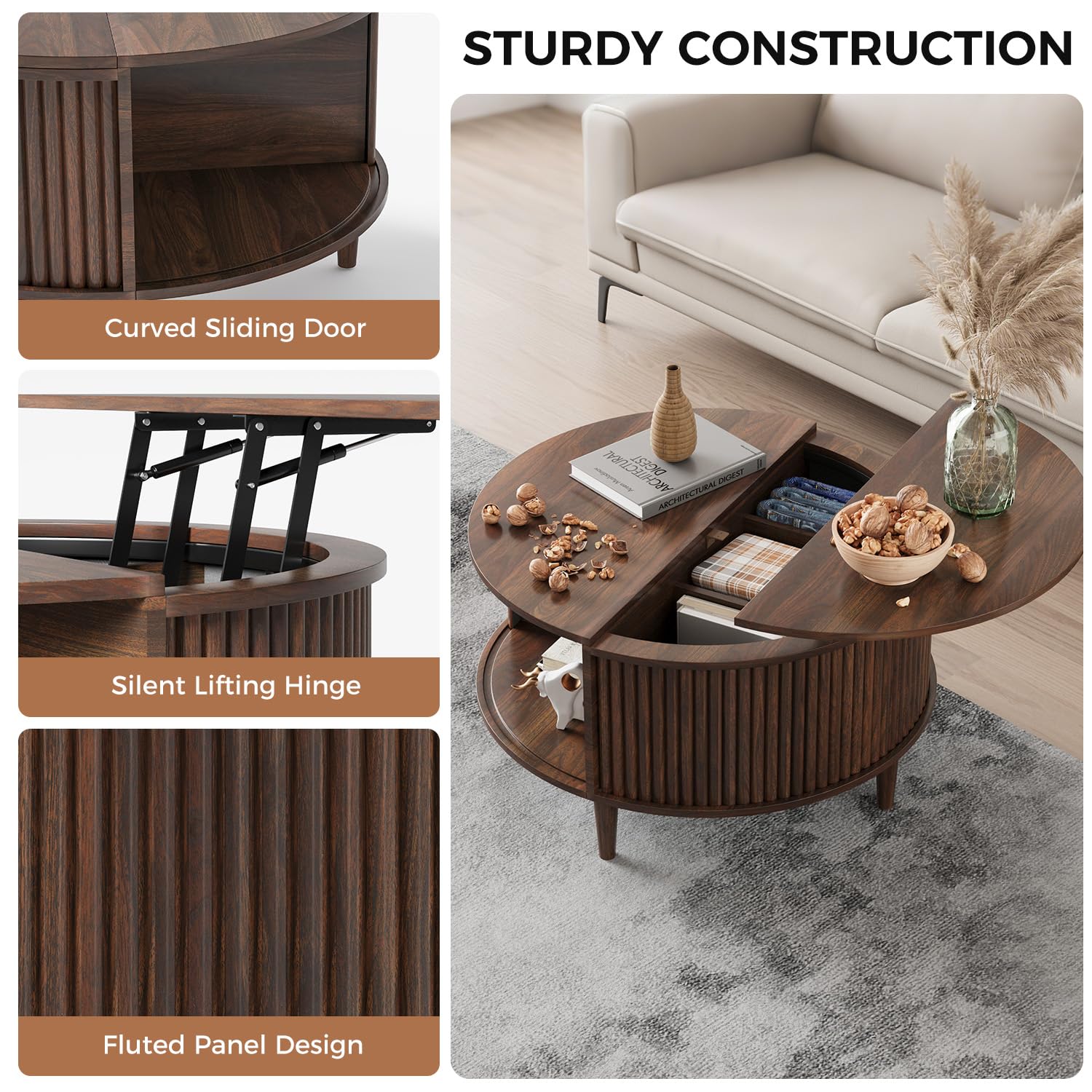 Lift Top Coffee Table with Fluted Storage