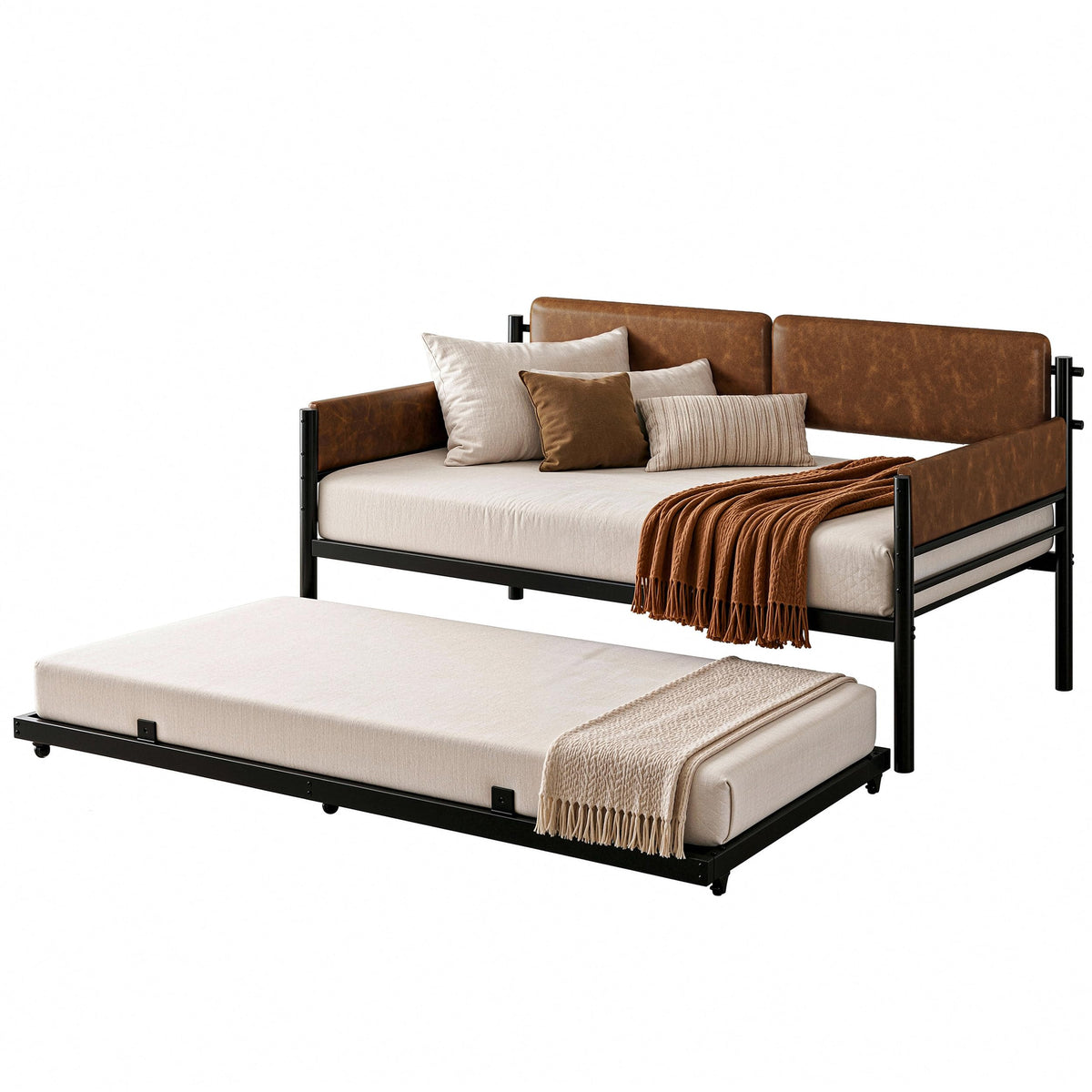 LIKIMIO Twin Upholstered Daybed with Pull Up Trundle, Brown