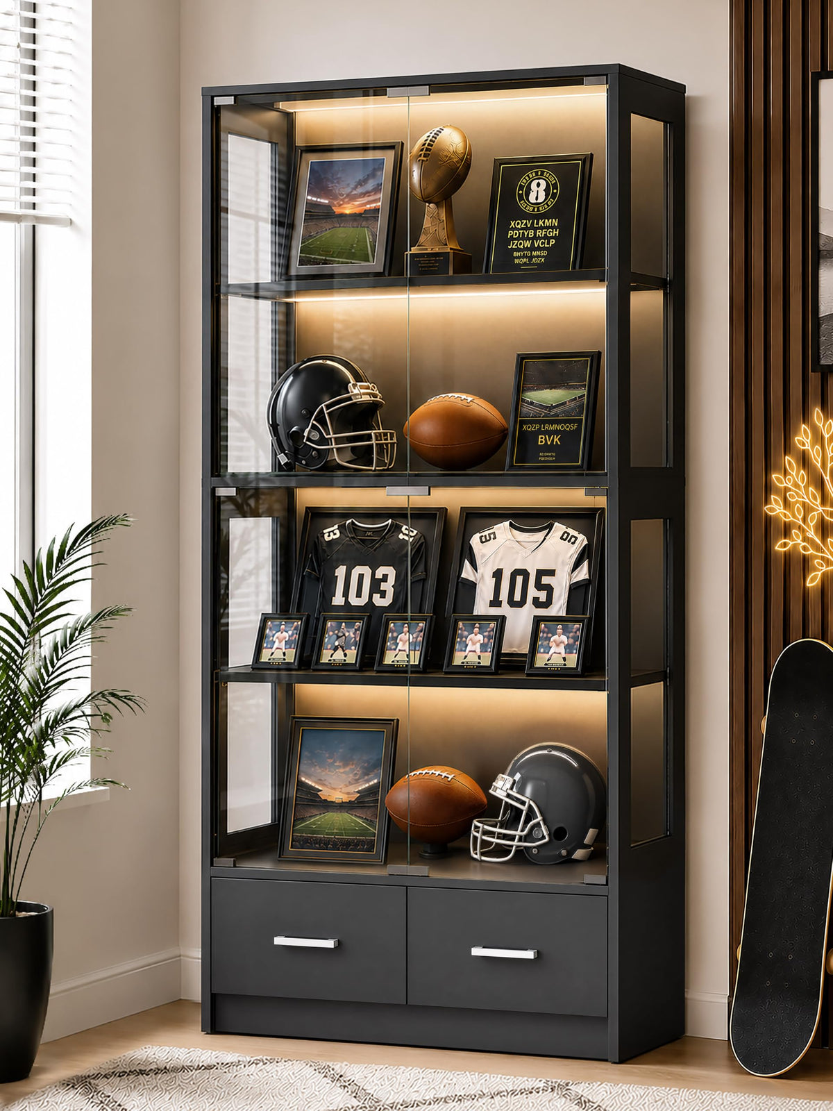 Lamtor 67-inch Glass Display Cabinet for Sports Memorabilia | Black