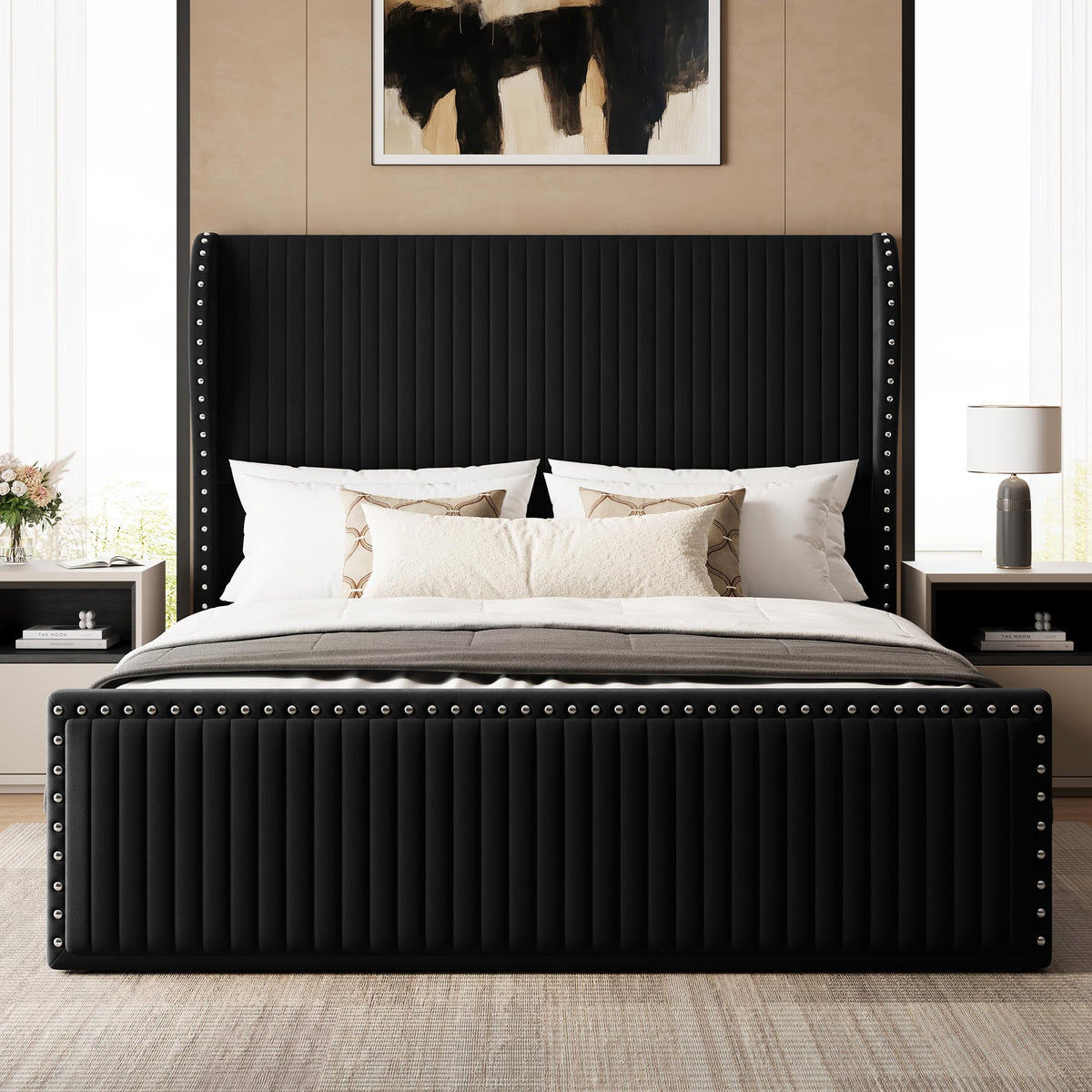 Belffin King Size Bed Frame with 55" Headboard Nailhead Trim Design, White
