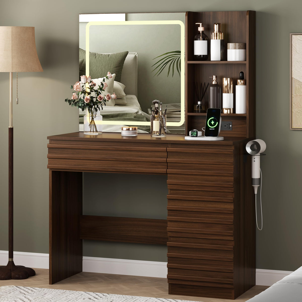 jmhdyg Makeup Vanity Desk with Lights, Fluted Vanity with 4 Drawers, Open Shelves, Power Outlet, LED Lighted Mirror, 3 Lighting Modes & Brightness Adjustable, Wood Dressing Table for Bedroom,Walnut