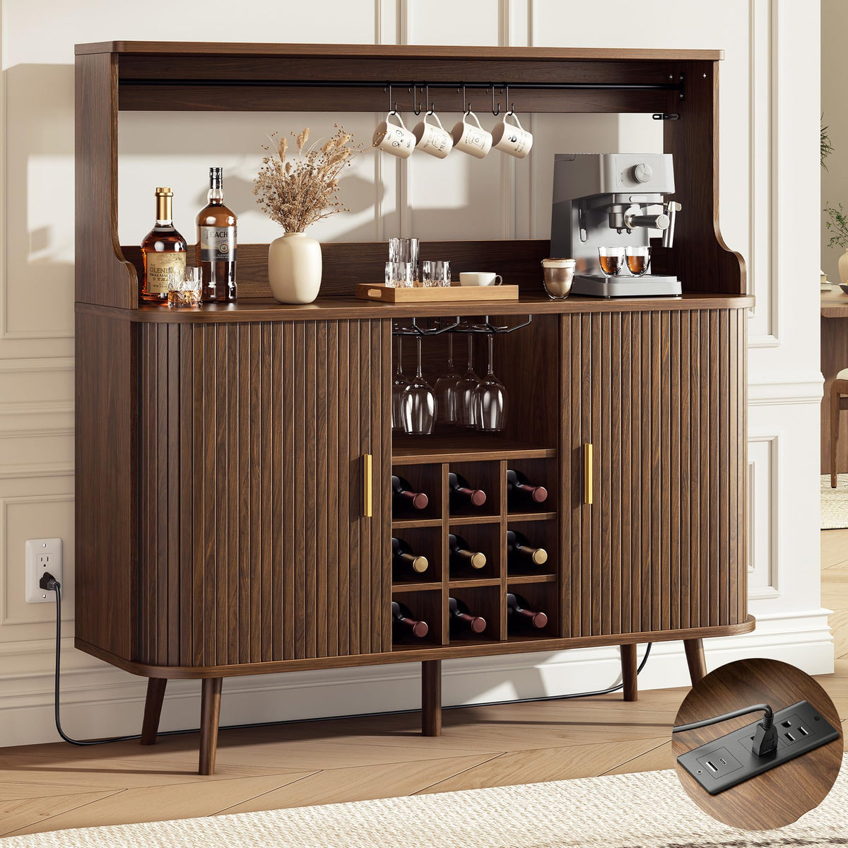 Fluted Bar Cabinet with Hutch