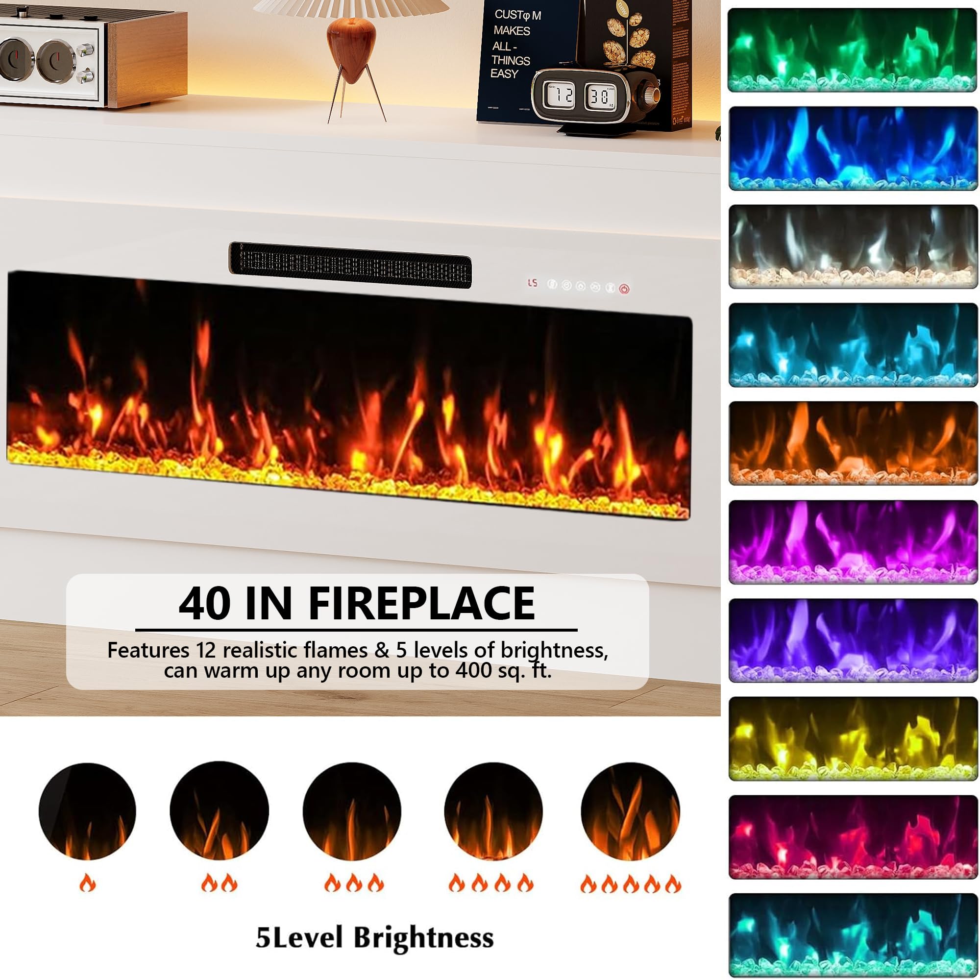 KENAINALU Fireplace TV Stand with 40’’ Electric Fireplace, 70'' TV Media Entertainment Center with Fireplace Up to 80 inch,Modern LED TV Console with High Gloss Cabinet for Living Room