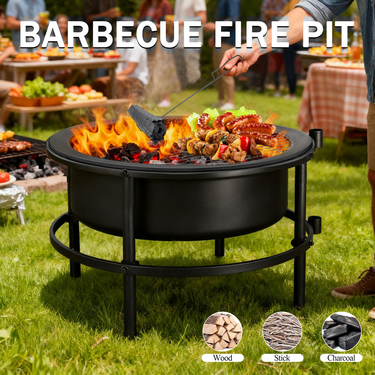 TMWINGS Large Outdoor Fire Pit with Poker, Round Wood Burning Firepit Bowl