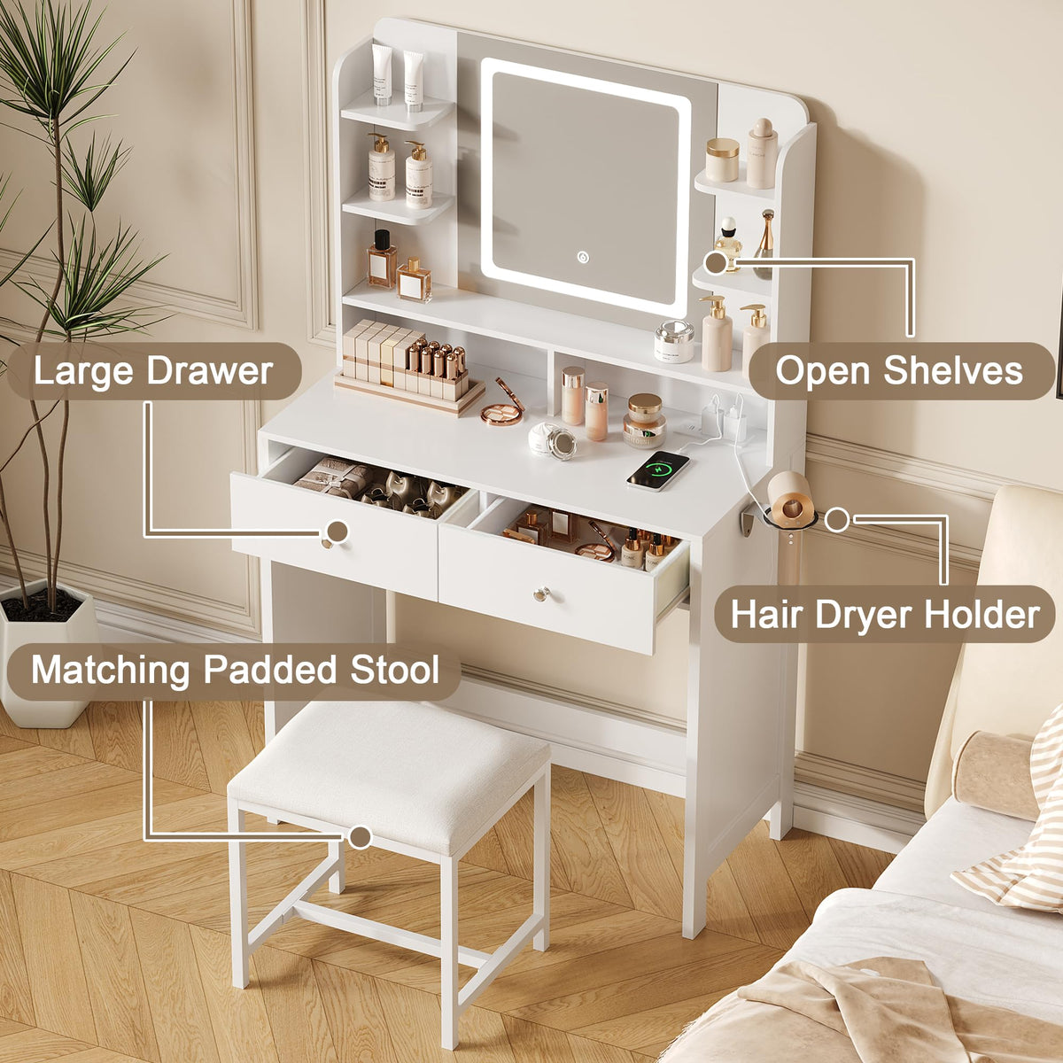 Makeup Vanity with LED Mirror and Stool