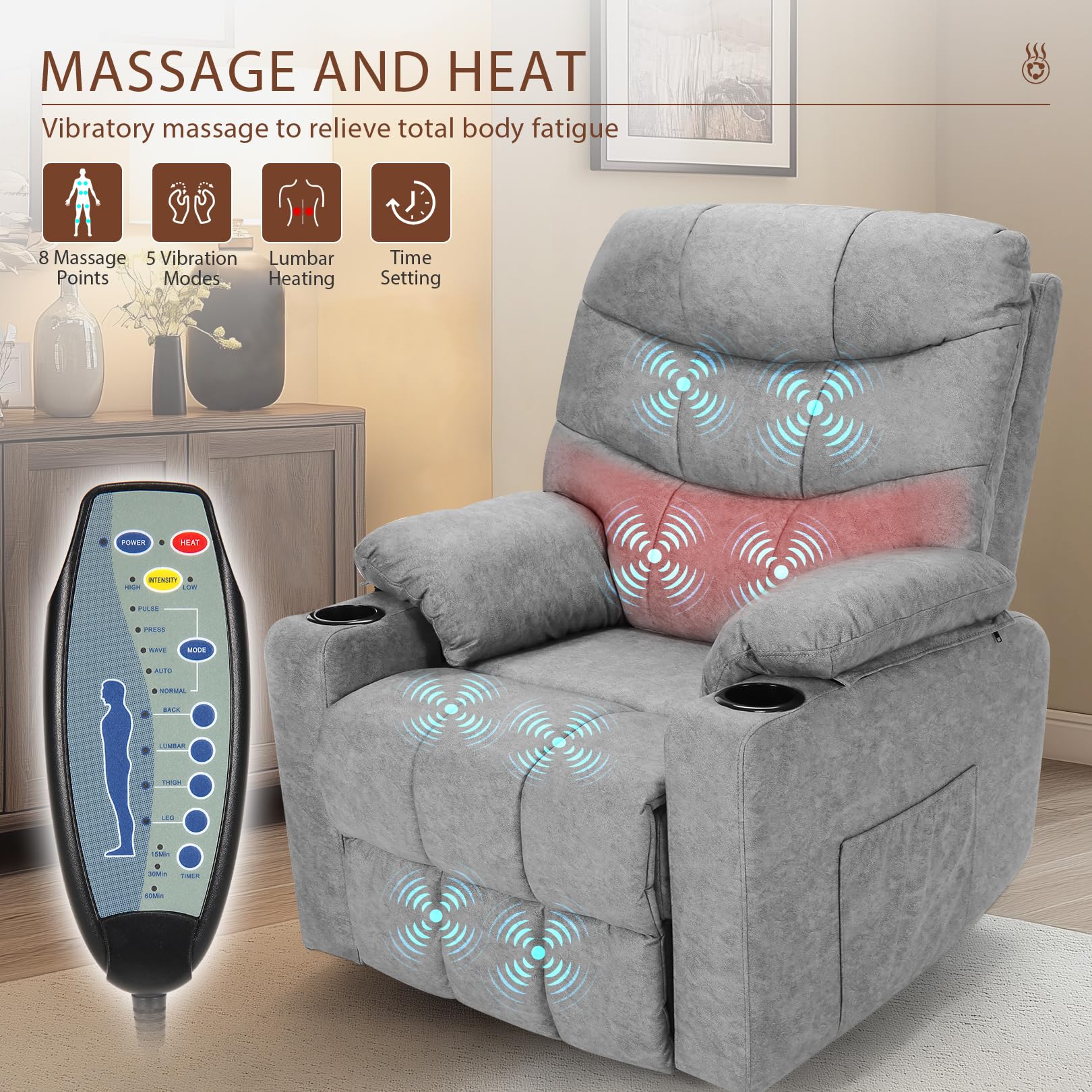Power Lift Recliner Chair for Elderly with Heat & Massage, High-resilience Padding, Wide Back and Seat Reclining Sofa Chair with Cup Holders and Pockets, Easy Assembly and Operation (Light Gray)