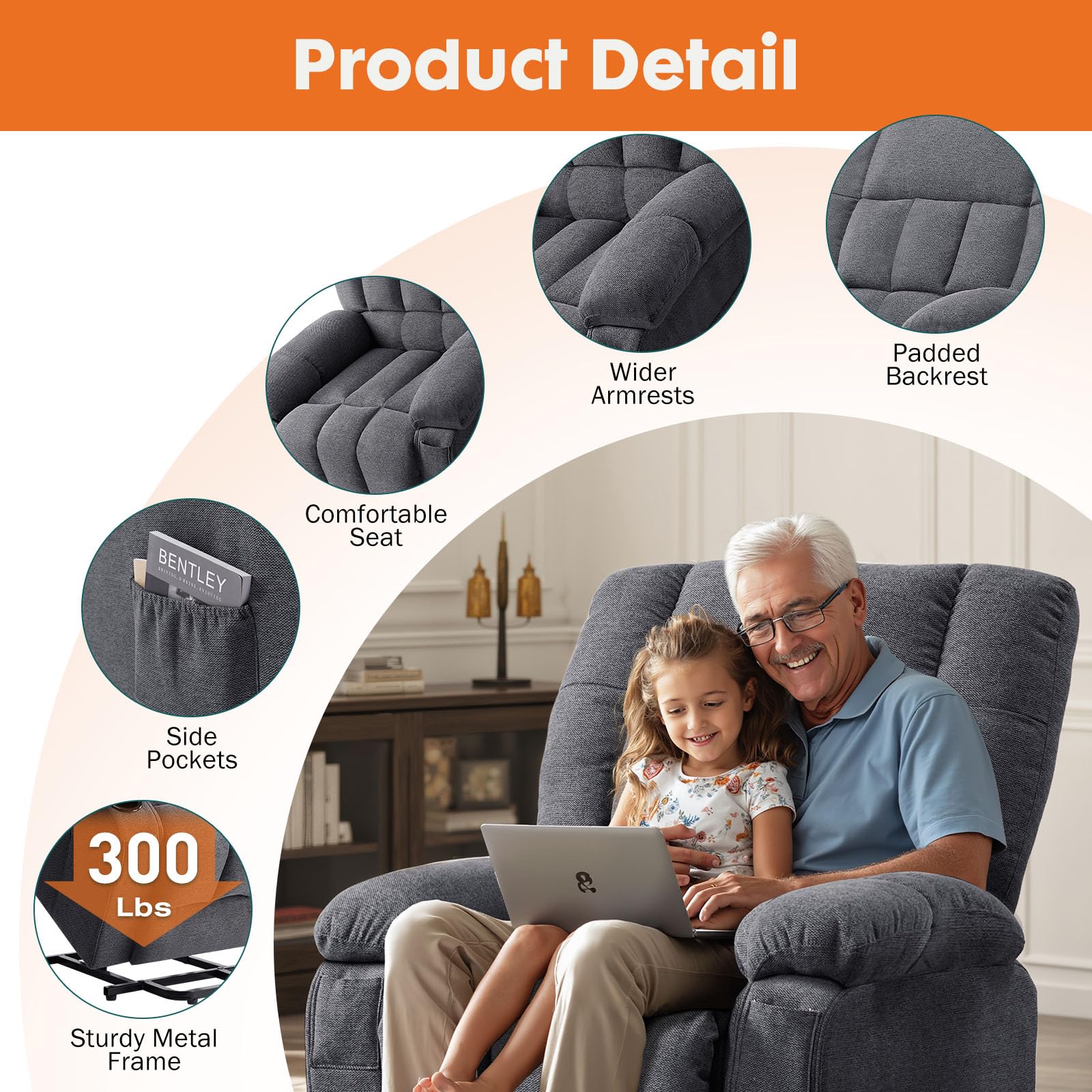 Sweetcrispy Power Lift Recliner Chair with Vibration Massage and Heat for Elderly, Ergonomic Overstuffed Breathable Fabric Reclining Chair with 3 Pockets, Remote Control, Living Room, Light Brown