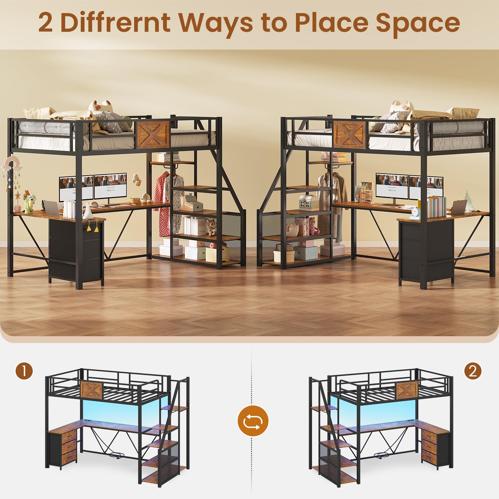 Loft Bed with L-Shaped Desk, Wardrobe & Storage Stairs