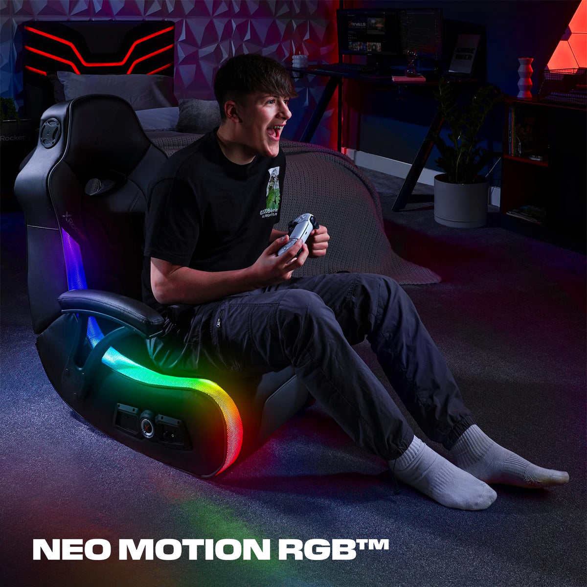 X Rocker G-Force RGB LED Video Gaming Floor Chair with Armrests, Built-in Audio via Wireless Bluetooth, Foldable, Vegan Leather, 300 lbs Max, Black, Gifts for Gamers