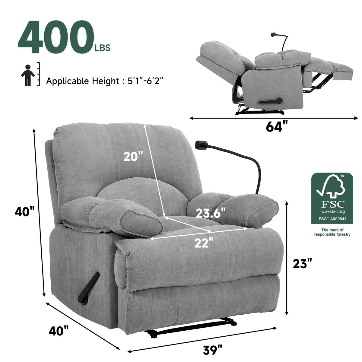 Oversized Chenille Manual Recliner