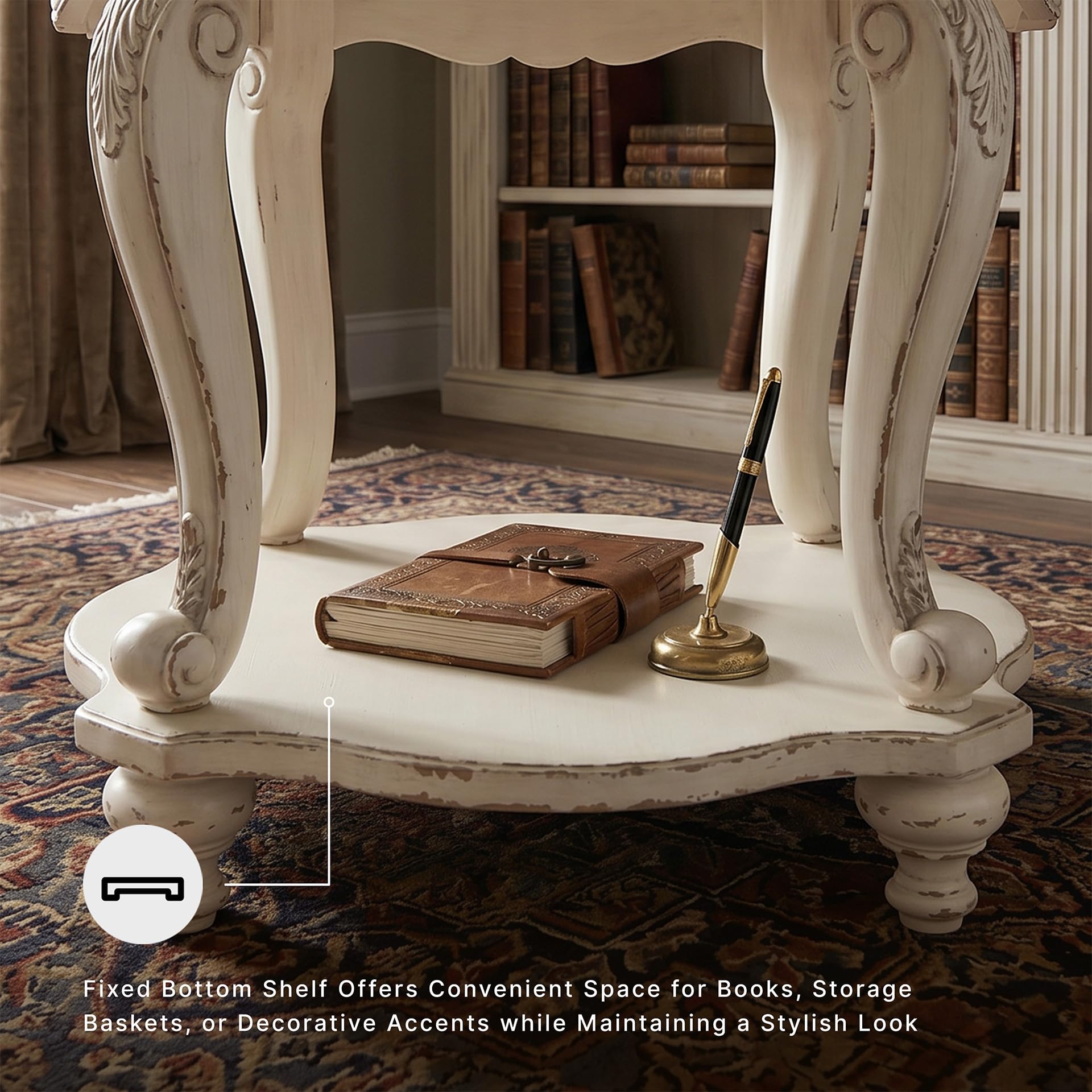 Signature Design by Ashley Realyn Round End Table, Cottage-Style Side Table with Antiqued Two-Tone Finish, Wood & Veneer Construction for Living Room or Bedroom, White/Brown