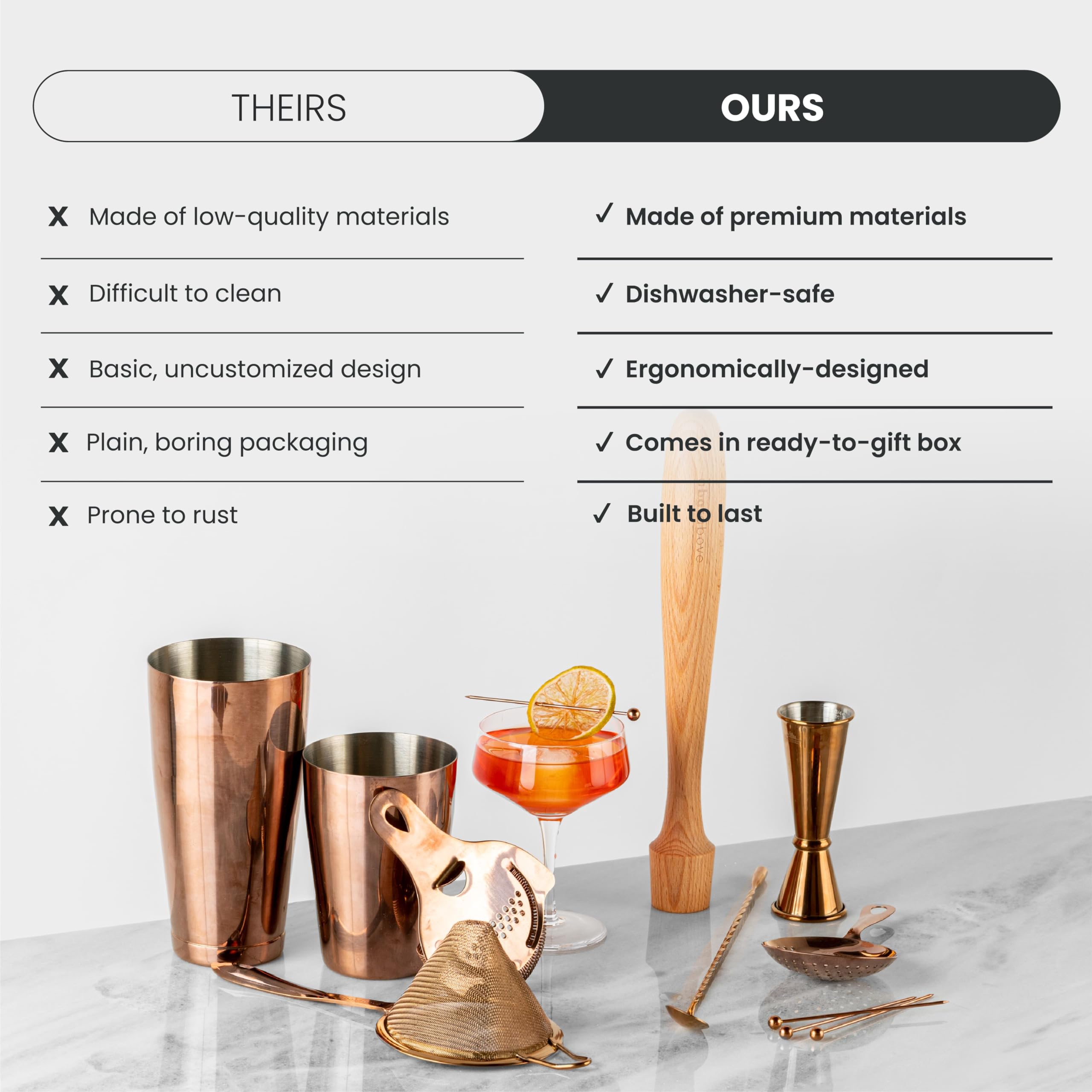 A Bar Above 14-Piece Stainless Steel Bartender Kit, Premium Professional Barware Set for Home Bars and Mixologists, Includes Cocktail Shaker, Jigger, Spoon, Strainers, Muddler, Picks, and More