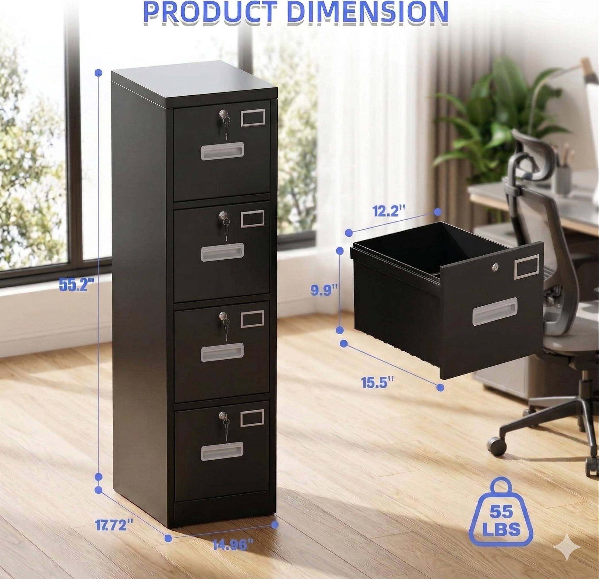 4-Drawer Metal File Cabinet with Lock & Name Card Slots