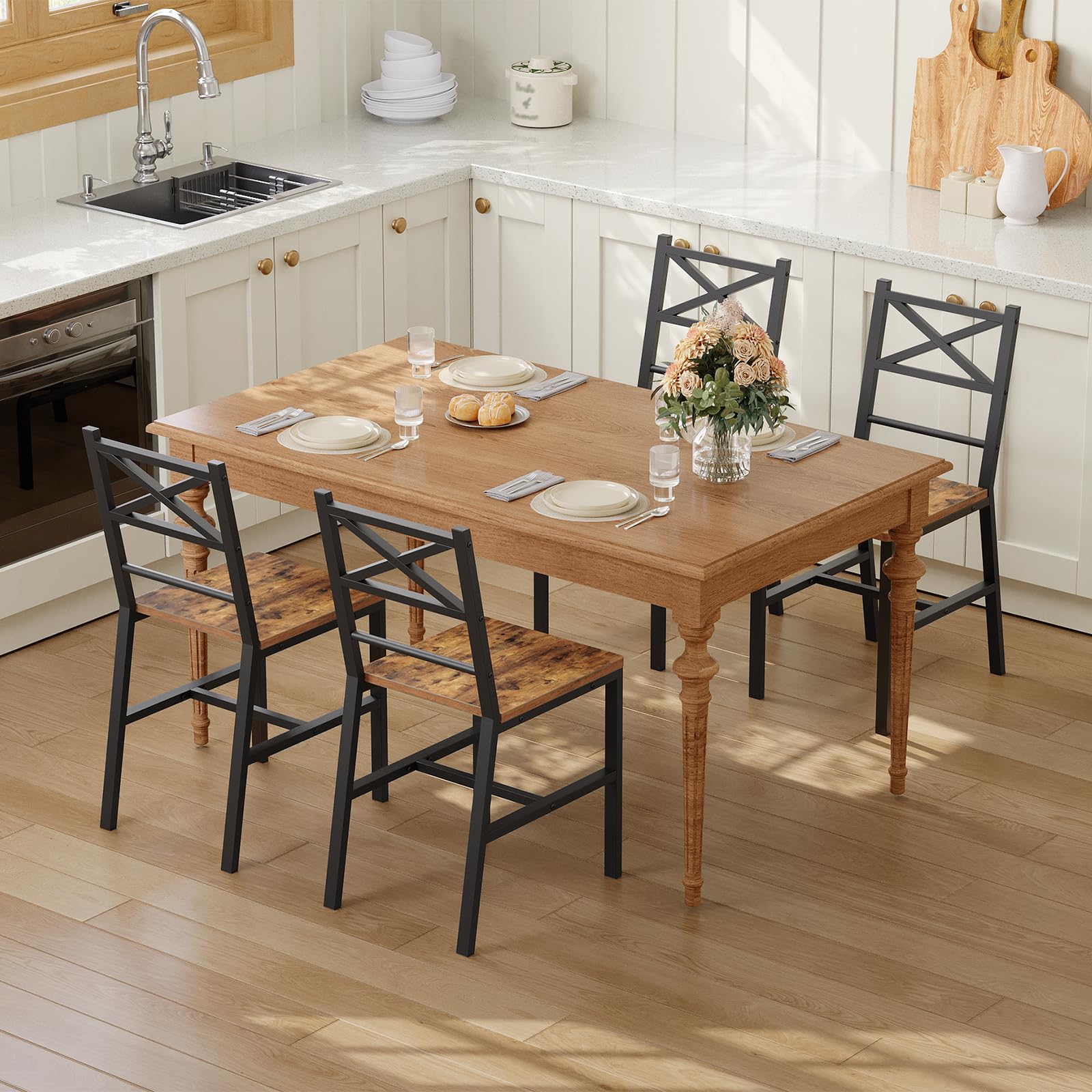 Rustic Dining Chair Set with Metal Frame