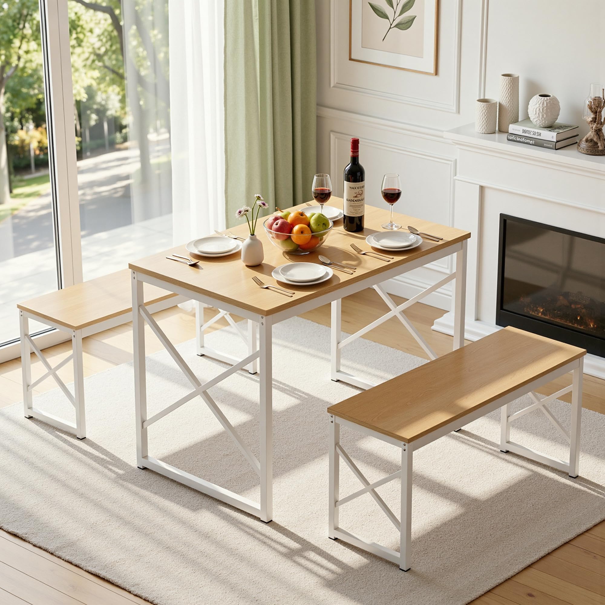 VECELO Kitchen Dining Table Benches Set for 4, 43.3" Wooden Dinette with 2 Benches, Heavy-Duty Dining Room Table for Small Space, Breakfast Nook, Natural Oak