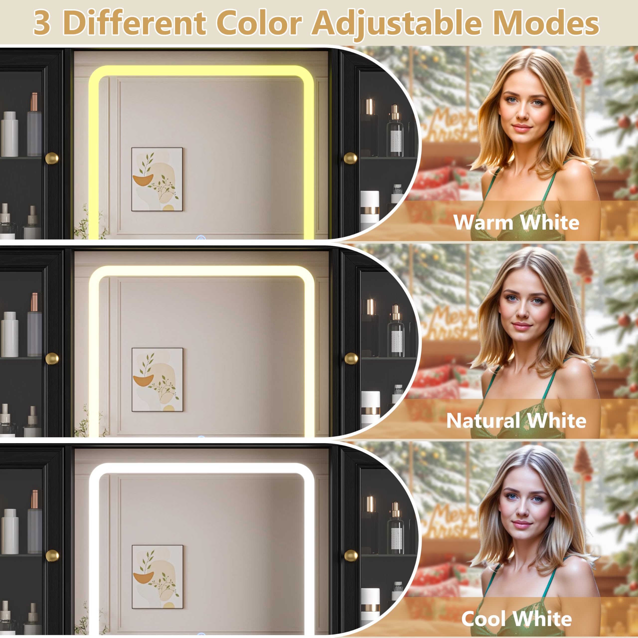 Makeup Vanity Desk with Mirror and Lights, Farmhouse Vanity Table Set with 6 Drawer&Charging Station, Makeup Desk with RGB Cabinets, Black Vanity with Lighted Mirror for Girls Women, 3 Light Modes