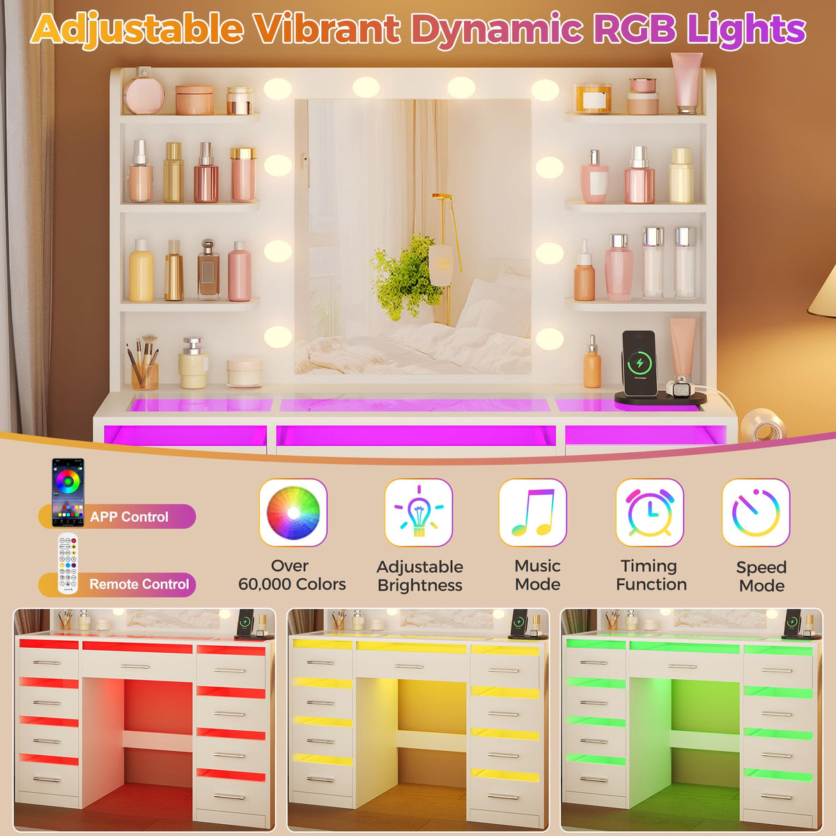 ANWBROAD White Makeup Vanity Desk with Mirror & Lights,Glass Top,RGB Light