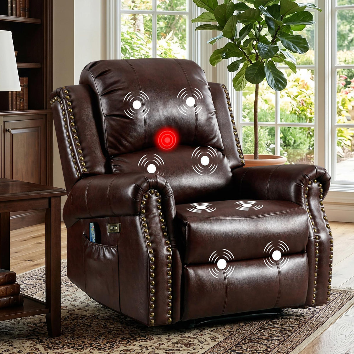 HAOMARKETS Classic Power Recliner Chair with Massage and Heat, Breathable Faux Leather Electric Recliner with USB&Type-C Ports, Overstuffed Reclining Sofa with Rivets for Living Room, Caramel Brown