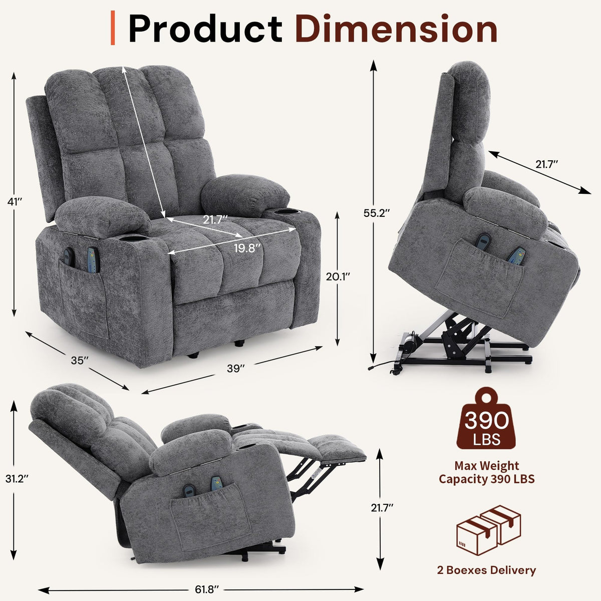 Korser Power Lift Recliner Chair with Massage and Heat for Elderly, Electric Lift Chair with Armrest Storages and Cup Holders, Reclining Sofa Chair for Living Room, Bedroom (Chenille, Gray)