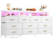 55" Wide Dresser with LED Lights & Power Outlets, 10 Fabric Drawers