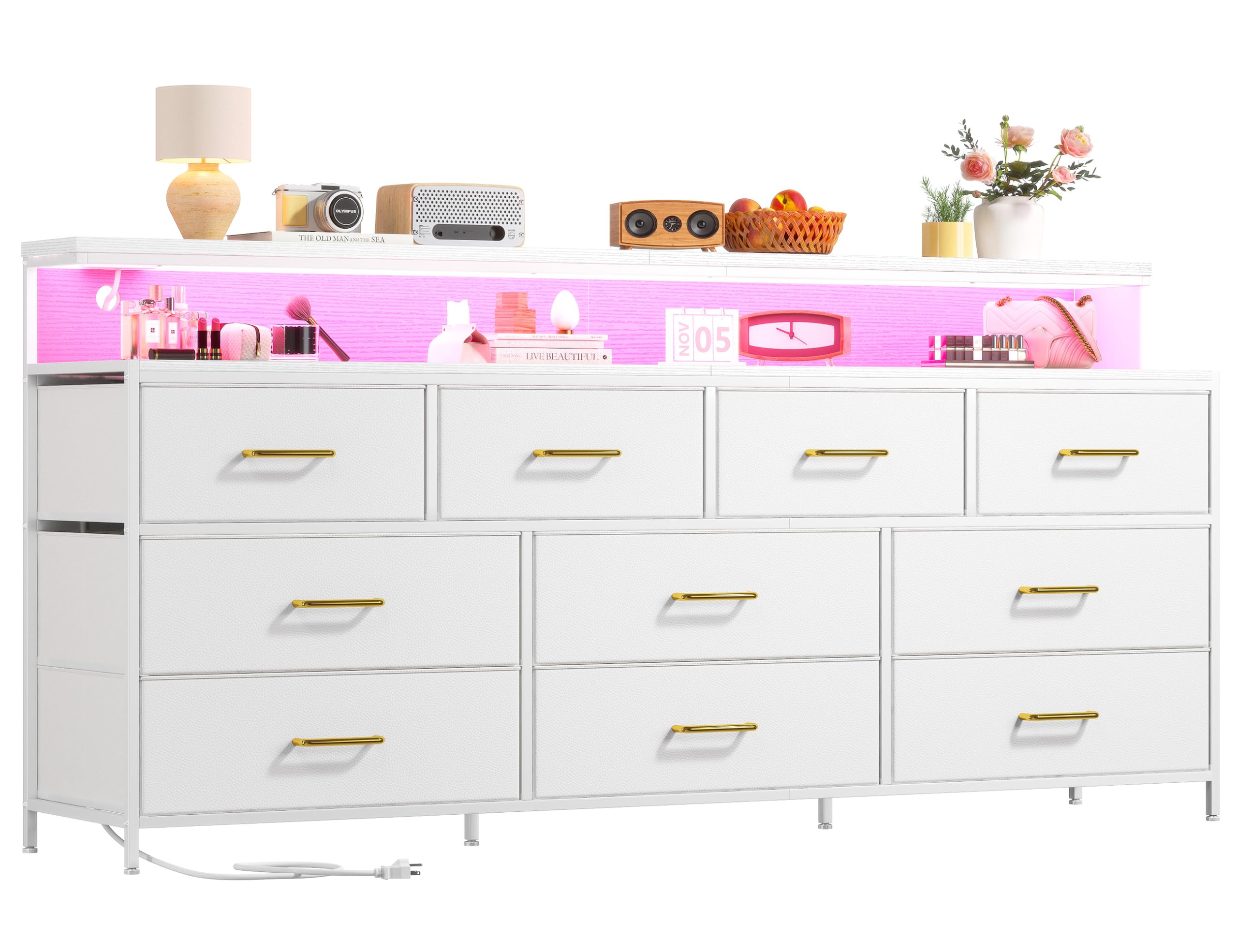 EnHomee 55" W White Dresser for Bedroom with 10 Fabric Drawers Long Dressers & Chests of Drawers with LED Lights & Power Outlets Large Dresser for Bedroom for Hallway, Metal Frame, White